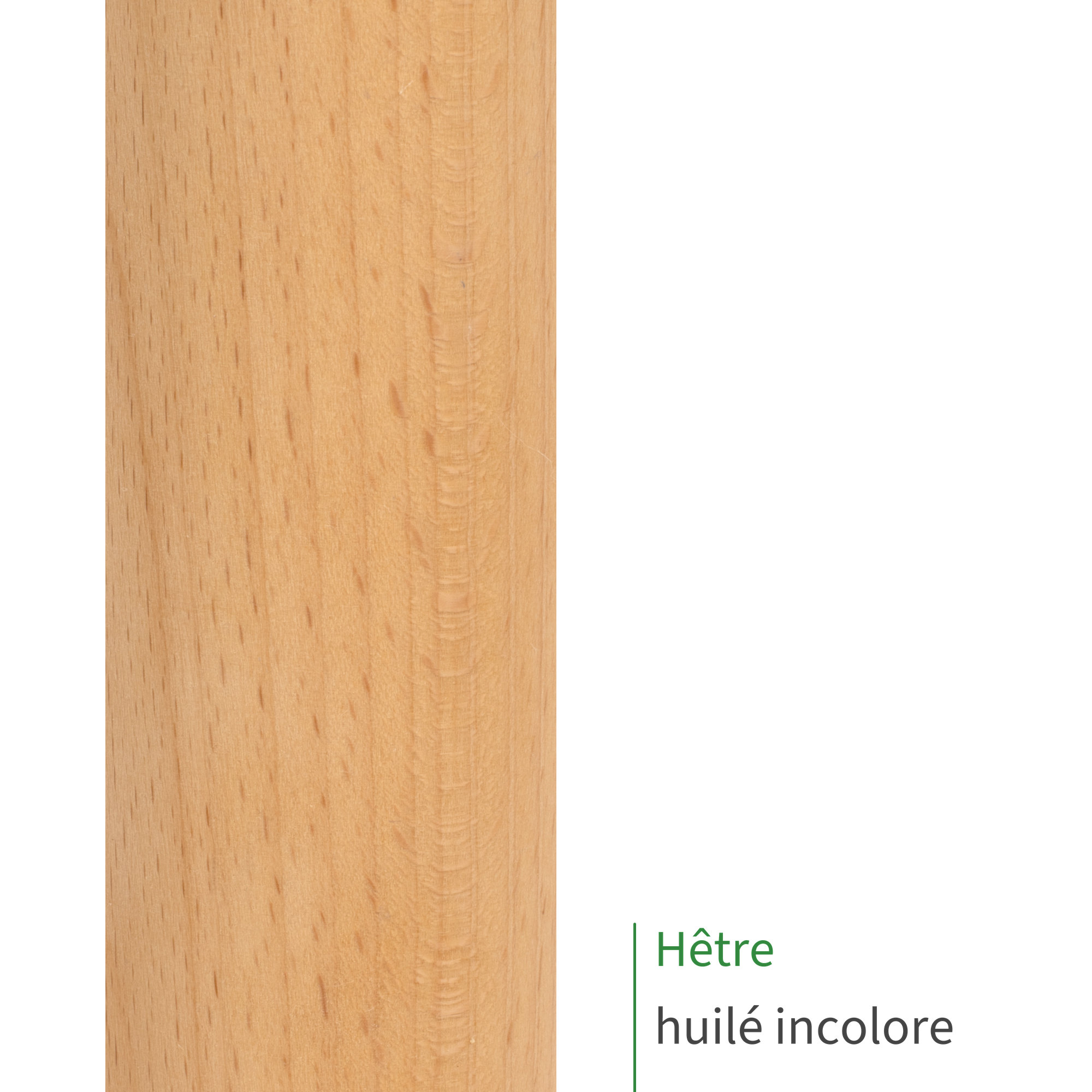 Barre ronde en hêtre huilé incolore : gros plan sur le bois au ton chaud et son veinage fin, mention Hêtre huilé incolore