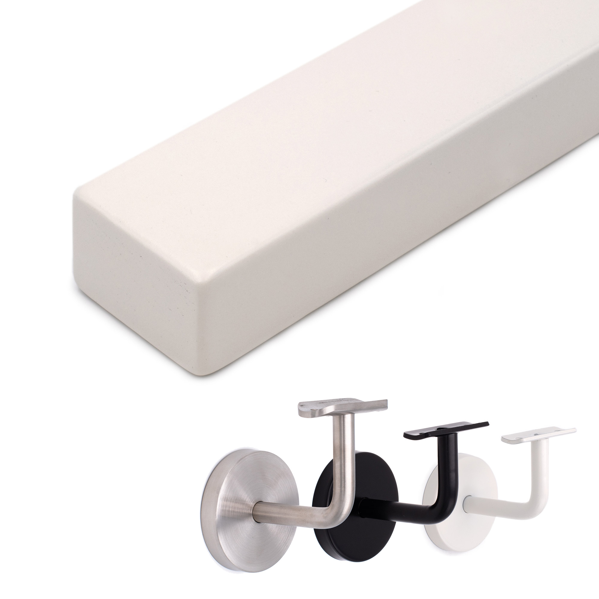 Main courante rectangulaire en hêtre blanc posée à plat, arêtes arrondies, avec supports inox, noir et blanc
