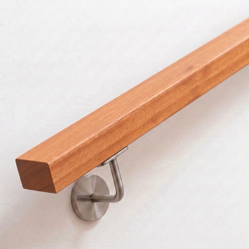 Main courante rectangulaire en merisier rougeâtre chaud avec support inox sur mur blanc, extrémité droite, vue oblique