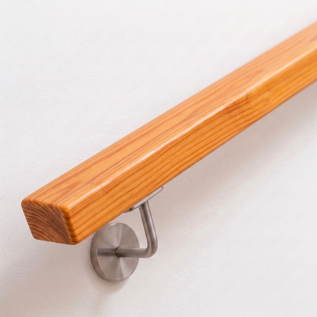 Main courante rectangulaire en mélèze au veinage jaune rougeâtre avec support inox sur mur blanc, extrémité droite