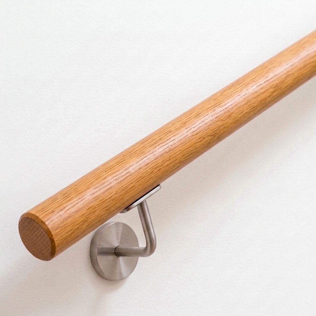 Main courante ronde en chêne rouge au veinage brun rougeâtre avec support inox sur mur blanc, extrémité droite, vue oblique