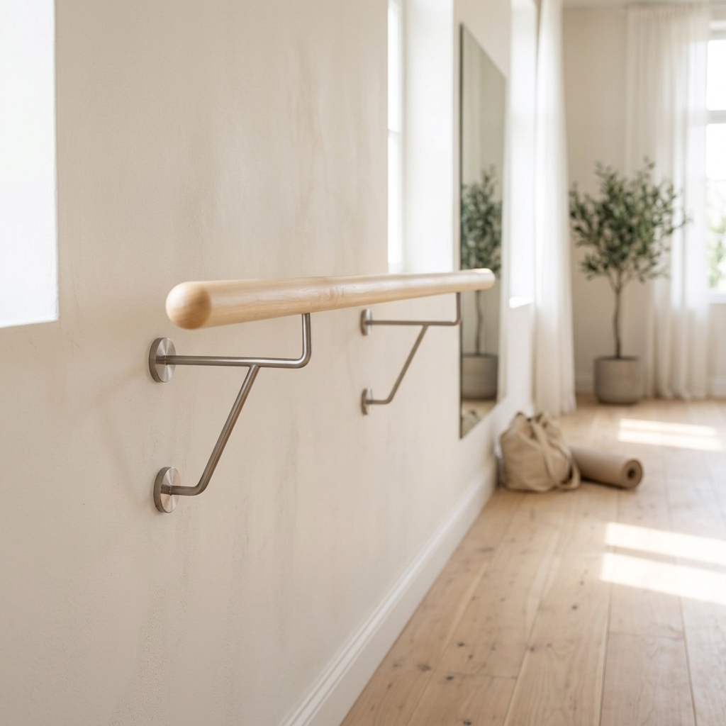 Barre de ballet ronde en érable avec deux supports muraux inox sur mur clair, salle de danse avec miroir et parquet