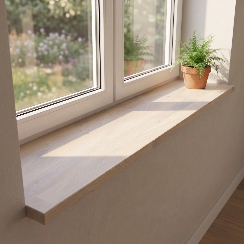 Appui de fenêtre en chêne sauvage teinté blanc, abouté, sous fenêtre côté jardin, surface claire avec fougère en pot
