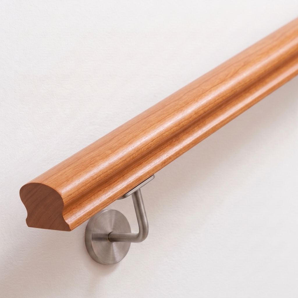 Main courante Omega en merisier rougeâtre à section profilée, support de main courante inox sur mur blanc, extrémité droite