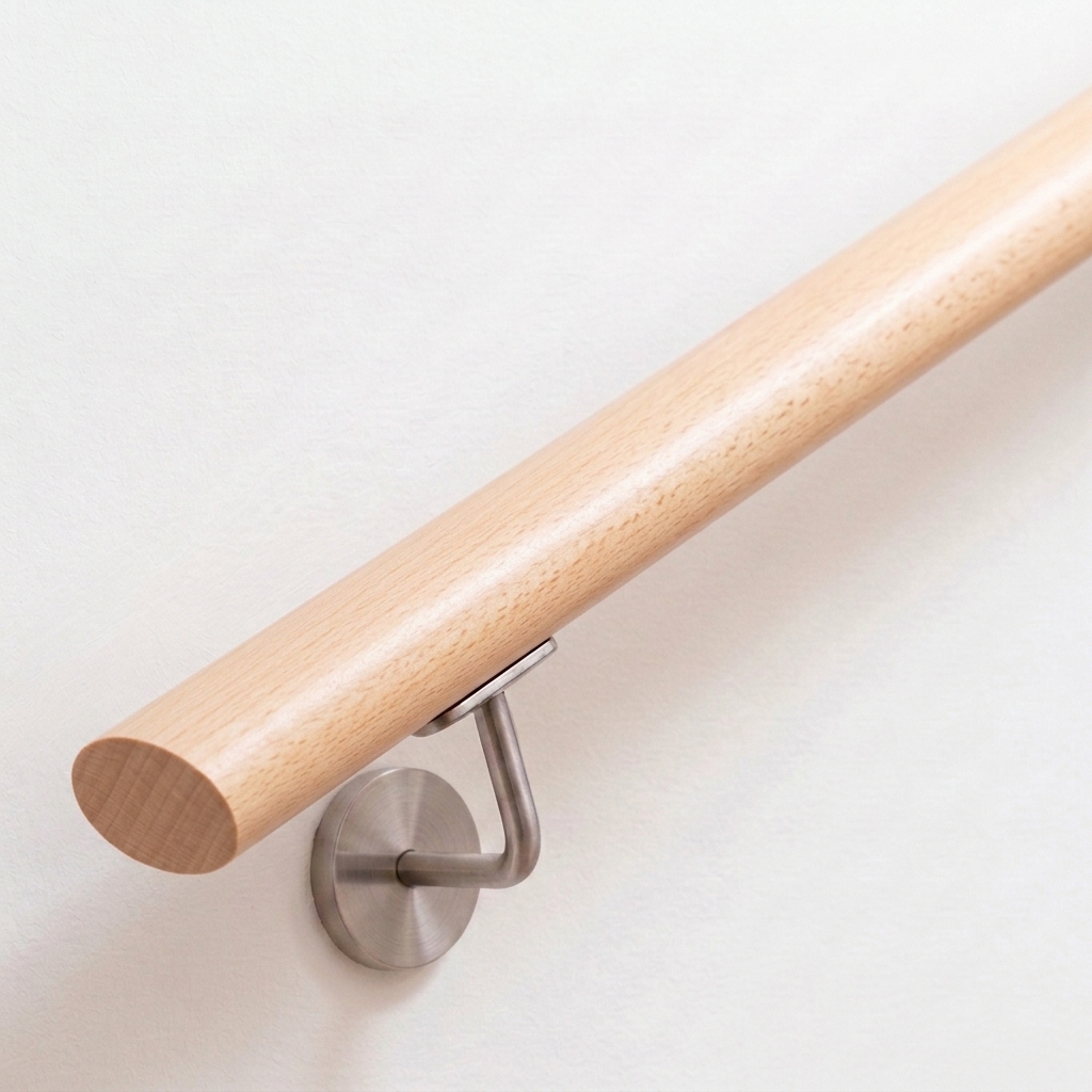 Main courante ovale en hêtre sur mur blanc avec support inox, bois naturel clair rosé, vue en biais