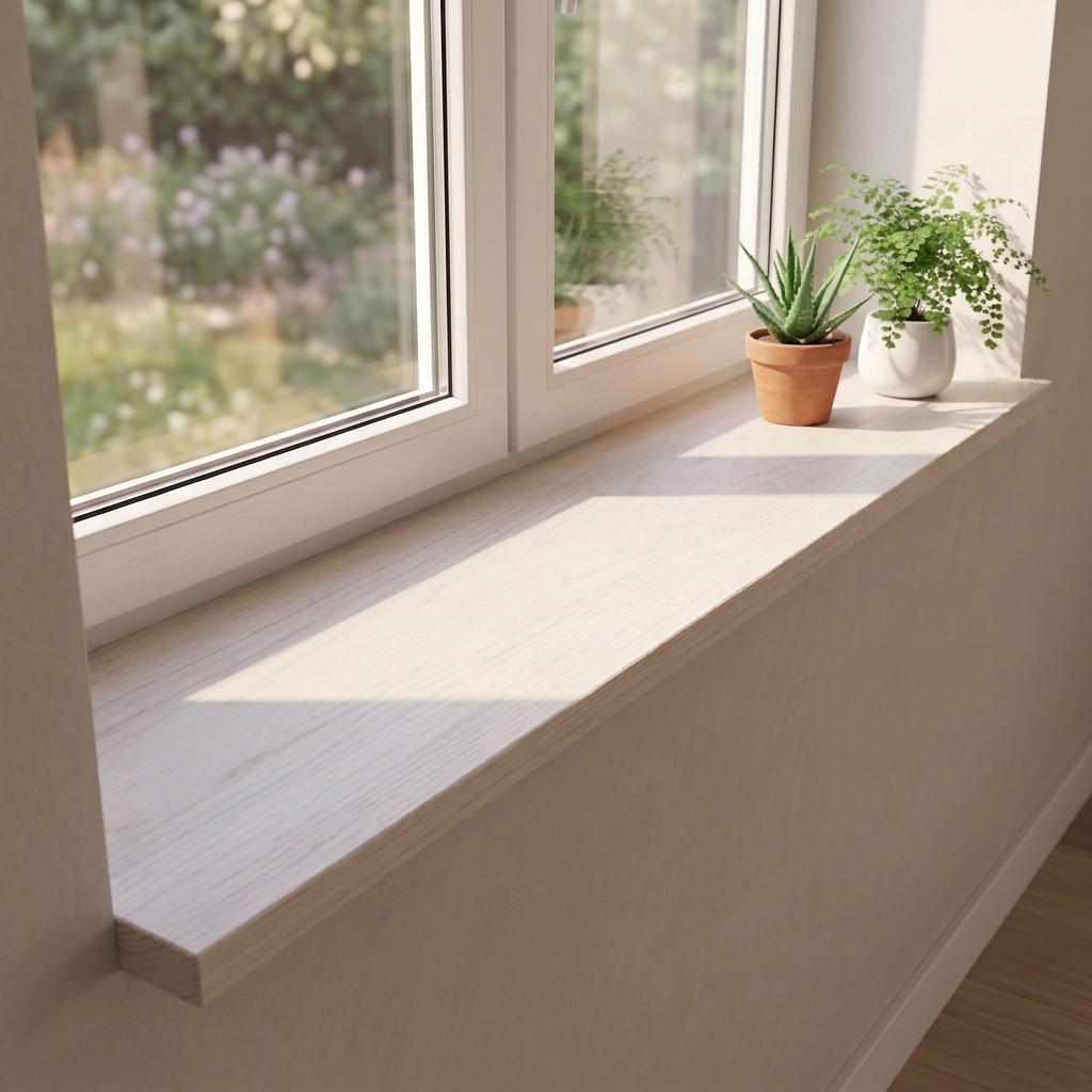 Appui de fenêtre en chêne teinté blanc, lamelles continues, sous fenêtre côté jardin, veinage clair, deux plantes en pot