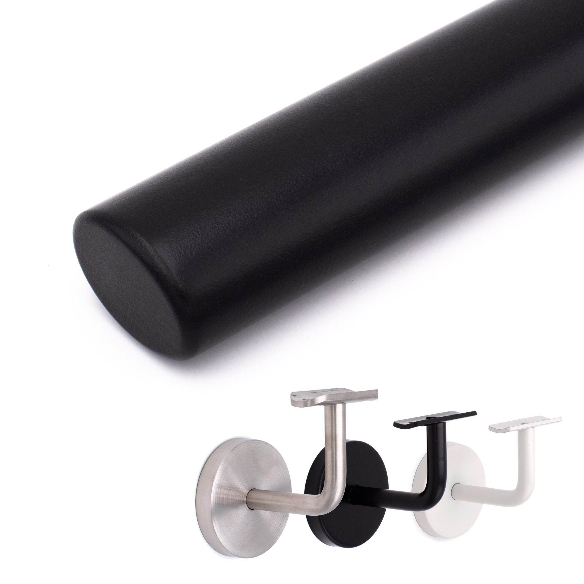 Main courante ovale en hêtre laqué noir, détourée en diagonale avec supports de main courante inox, noir et blanc