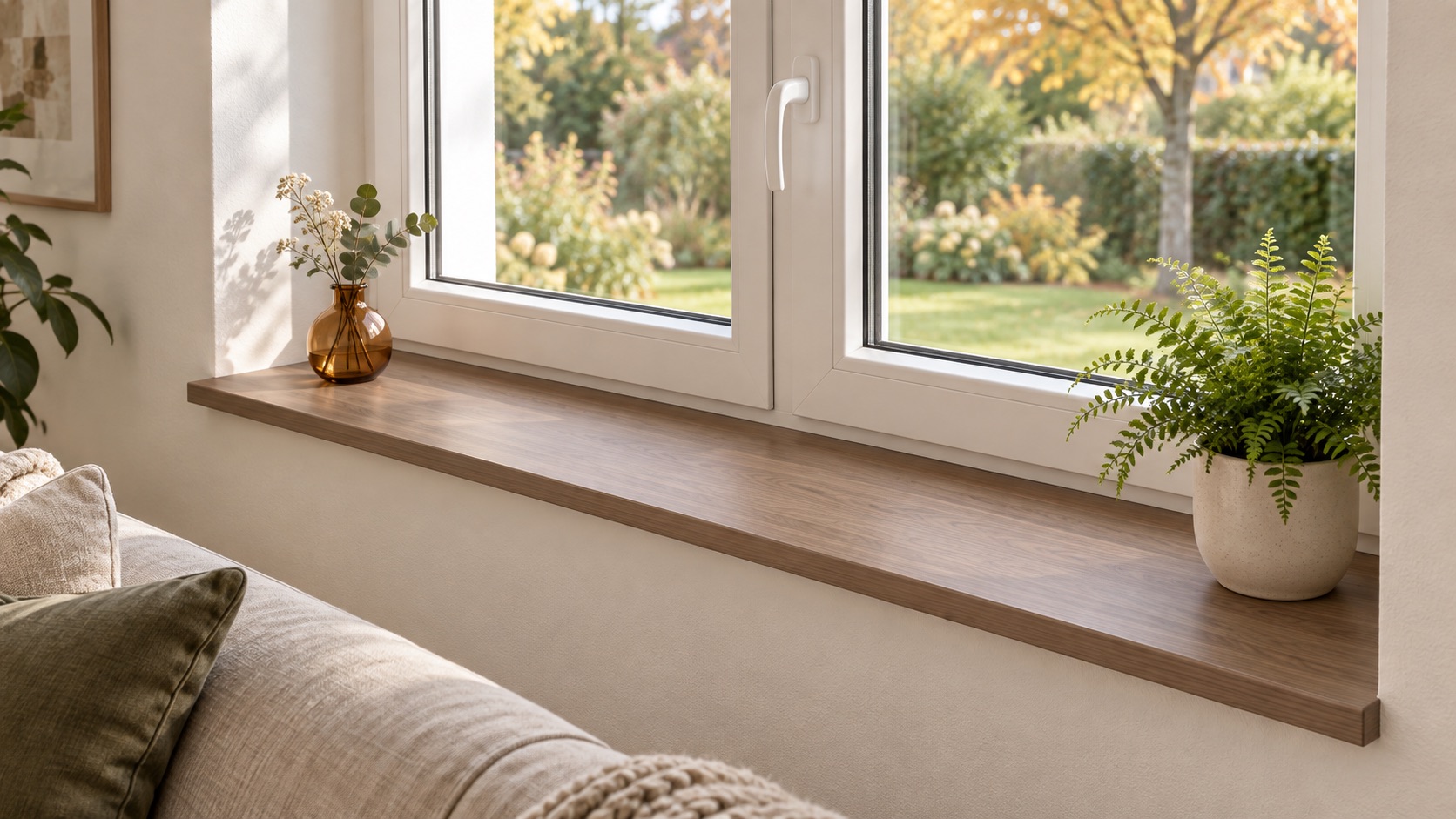 Appui de fenêtre aspect bois foncé, en mélaminé, sous fenêtre blanche au salon avec fougère, vase et vue sur le jardin