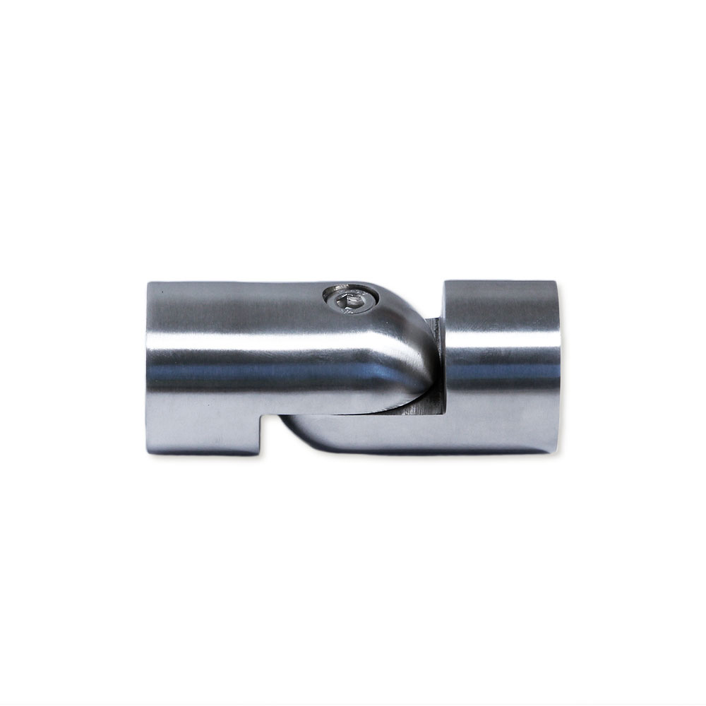 Raccord inox à angle réglable pour main courante en bois de 42 mm, articulation droite en vue latérale, détouré