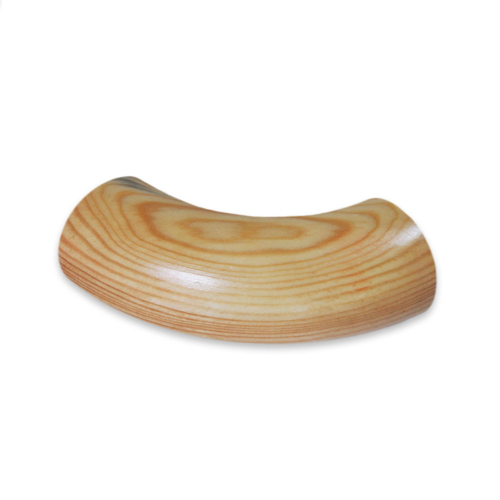 Coude de main courante rond en pin, résineux clair aux cernes marqués, pièce de raccord courbée pour main courante en bois