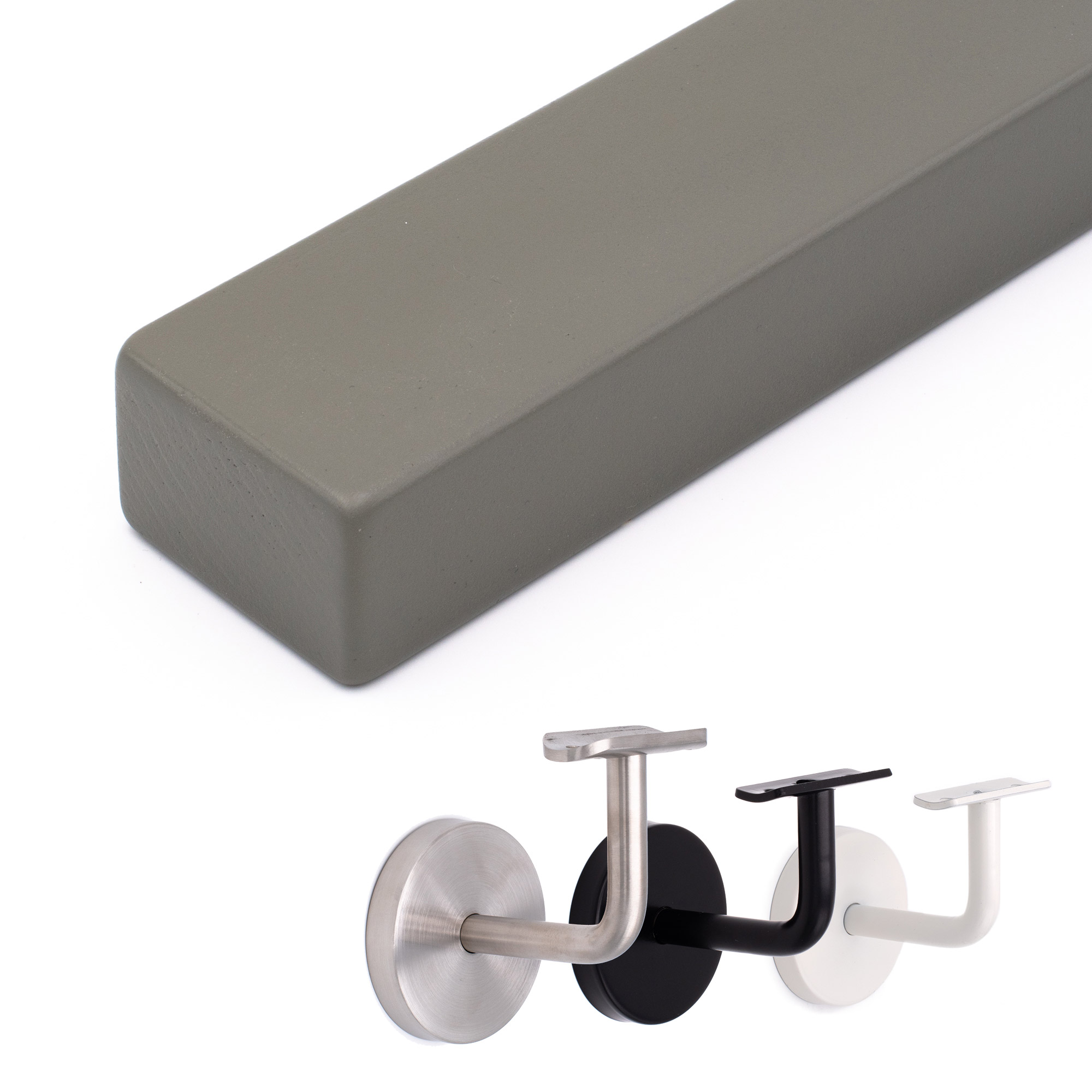 Main courante rectangulaire en hêtre gris posée à plat, arêtes arrondies, avec supports inox, noir et blanc