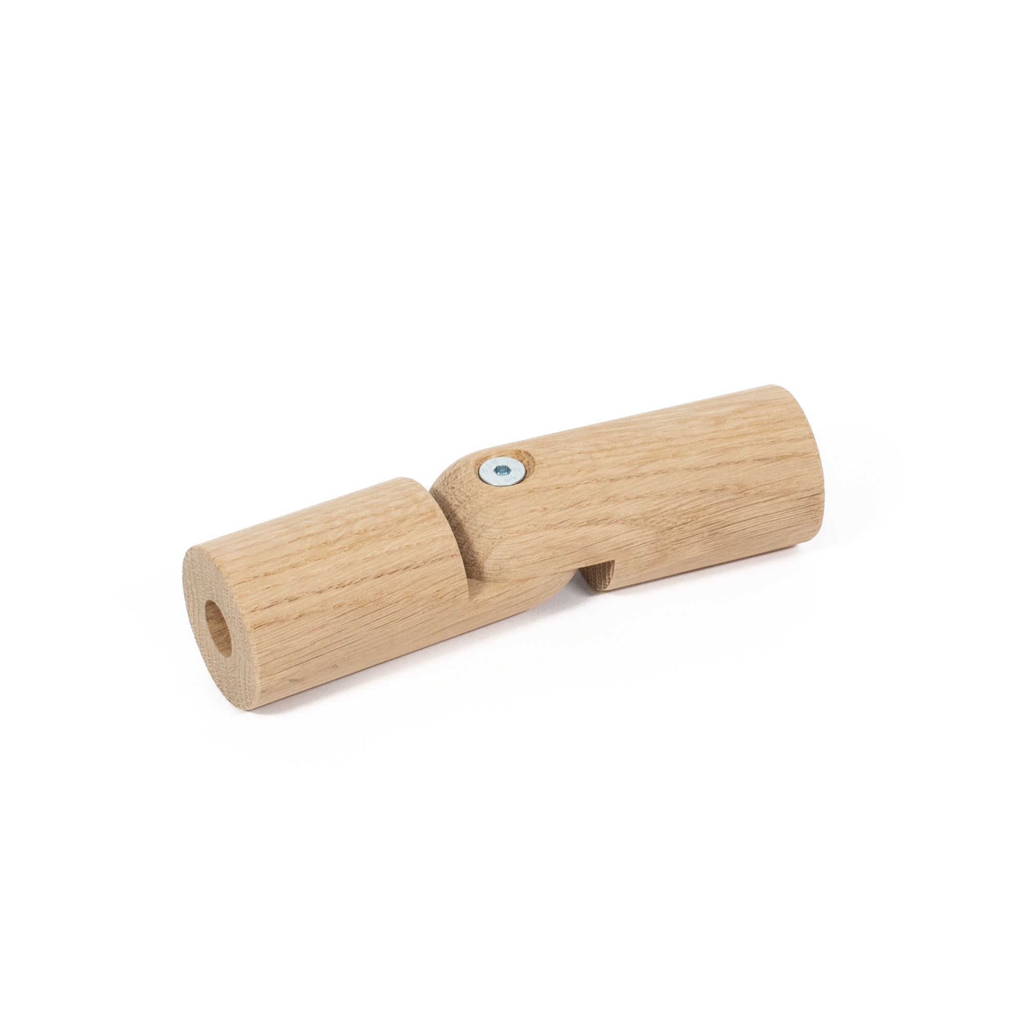 Raccord d'angle flexible en chêne Ø 42 mm pour main courante en bois, légèrement coudé, vis visible, détouré vu de dessus