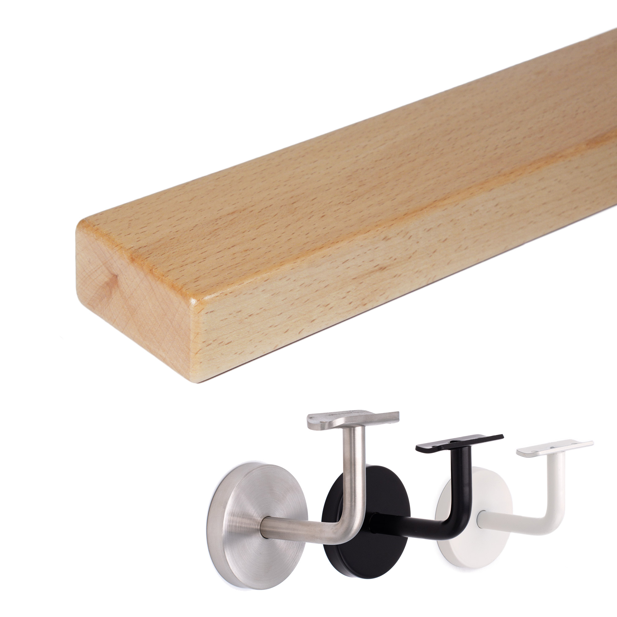 Main courante rectangulaire en hêtre clair posée à plat, arêtes arrondies, avec supports inox, noir et blanc