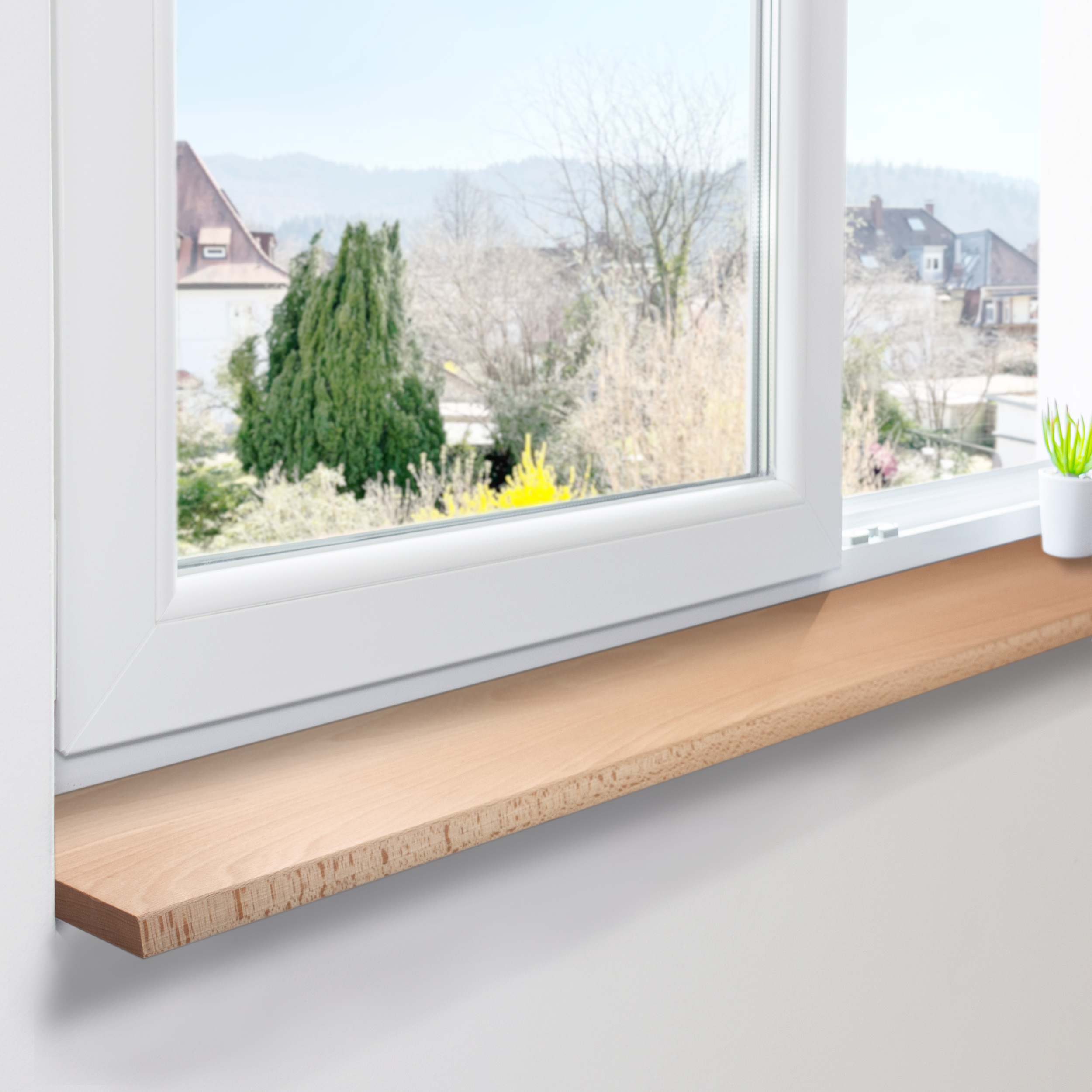 Appui de fenêtre en hêtre naturel à lamelles continues sur fenêtre blanche, vue sur le jardin, petite plante à droite