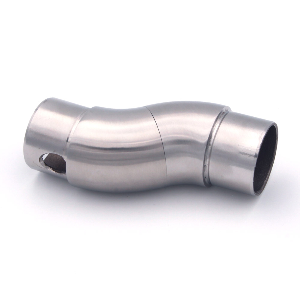 Coude flexible en acier inoxydable pour main courante inox de 42,4 mm, presque droit, vue latérale avec trou de fixation
