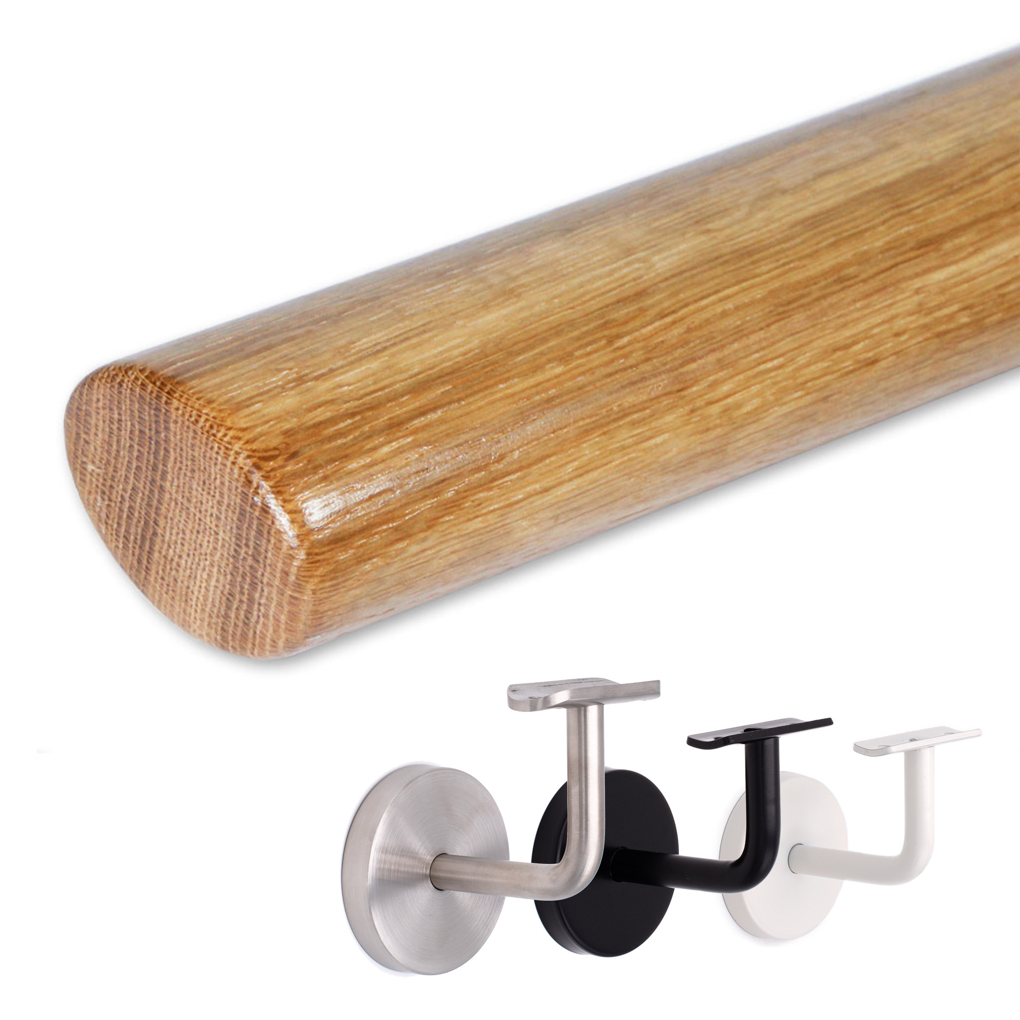 Main courante ovale en chêne : main courante en bois à profil ovale en chêne, à côté supports inox, noir et blanc