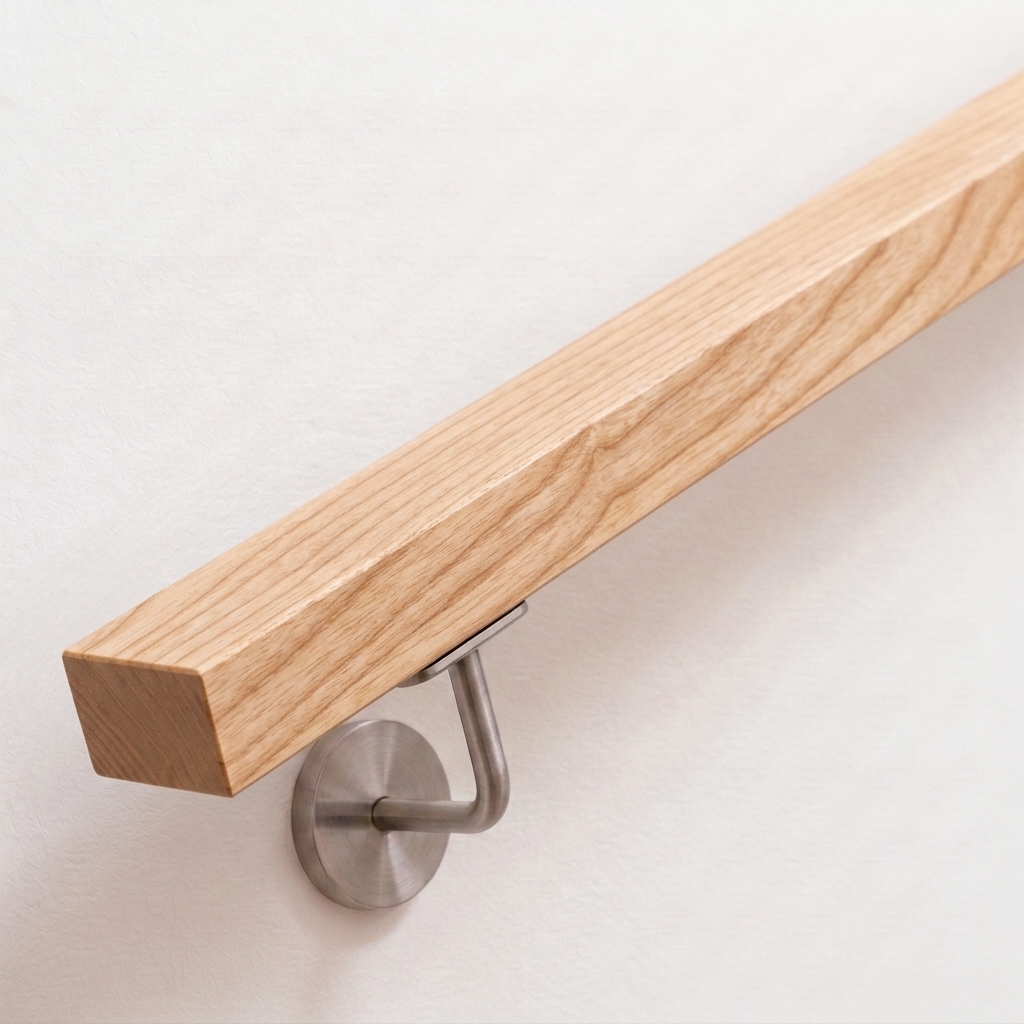 Main courante rectangulaire en frêne clair veiné avec support de main courante inox sur mur blanc, extrémité droite
