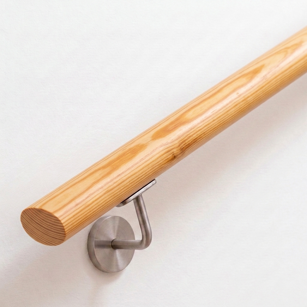 Main courante ovale en pin au veinage jaunâtre et support inox sur mur blanc, extrémité droite, vue en biais