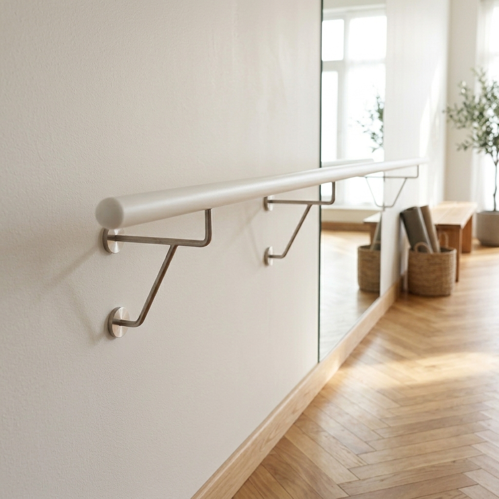 Barre de ballet en hêtre laqué blanc avec supports muraux inox sur mur blanc, pièce avec miroir et parquet