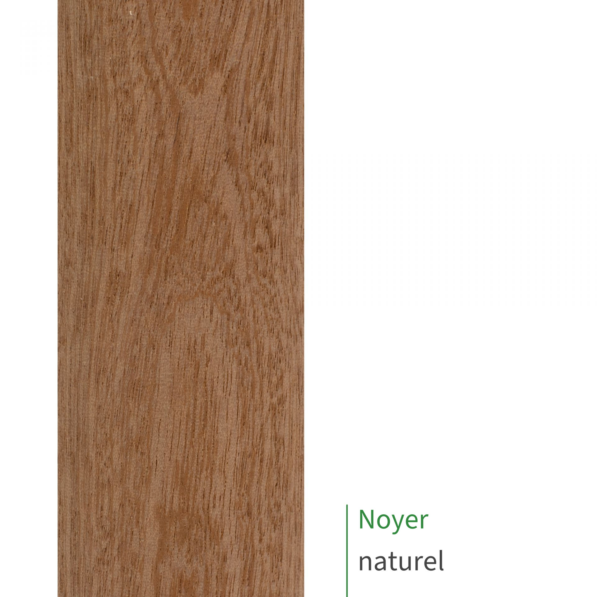 Main courante en noyer au fini naturel : gros plan sur le bois brun non traité et son veinage, mention Noyer naturel