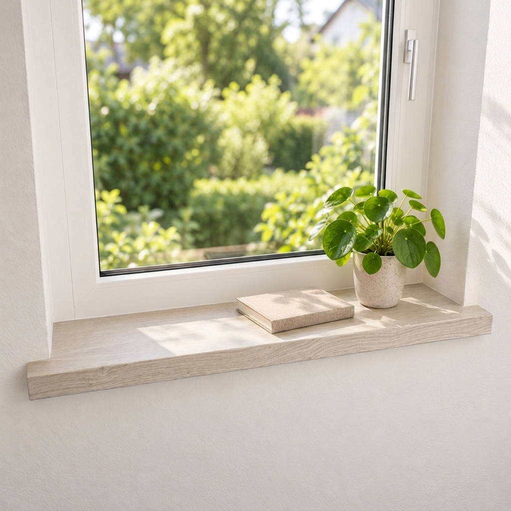 Appui de fenêtre de rénovation en chêne teinté blanc, bois massif, fenêtre côté jardin, plante en pot et livre sur l'appui