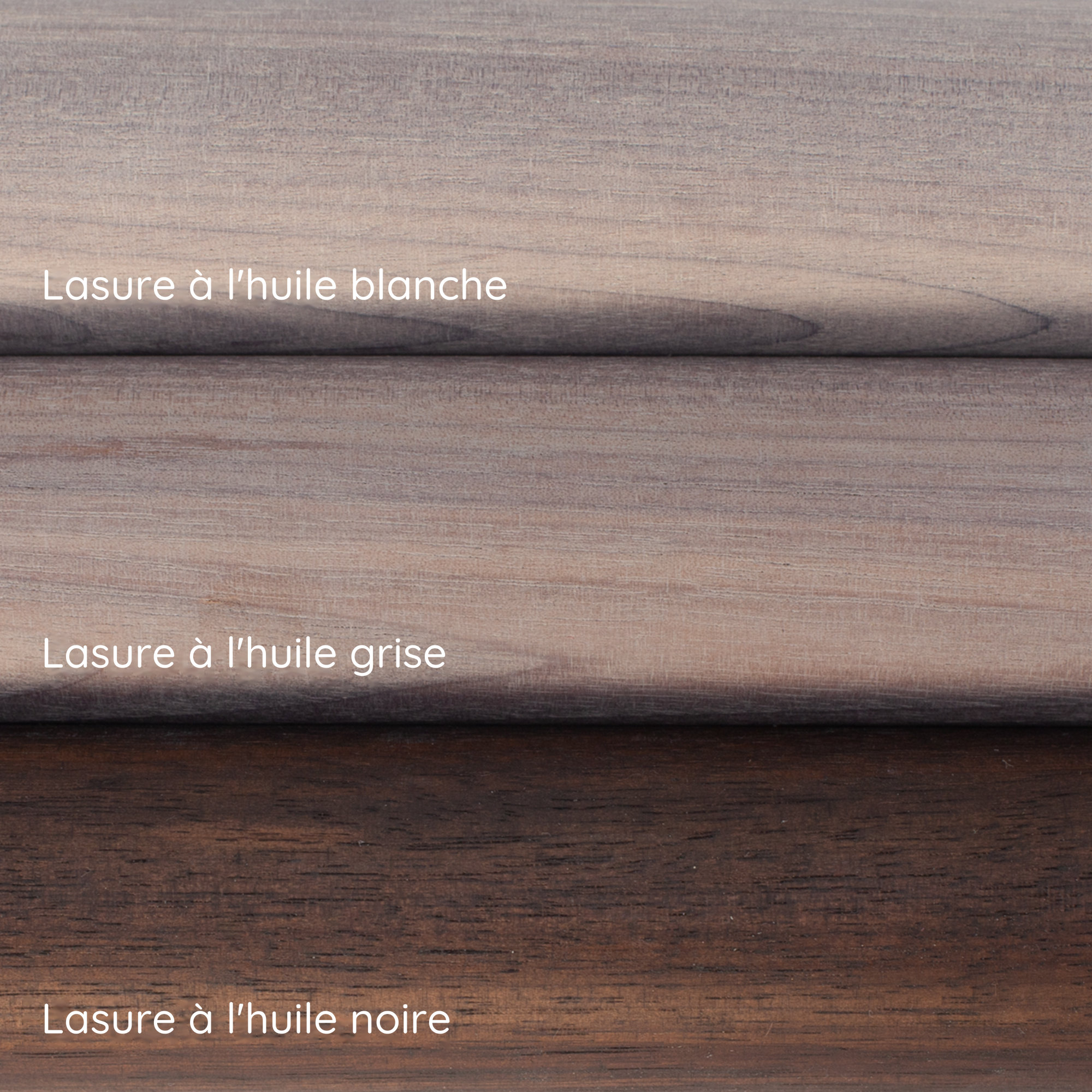 Lasures à l'huile blanche, grise et noire sur main courante en noyer : trois échantillons de teinte superposés