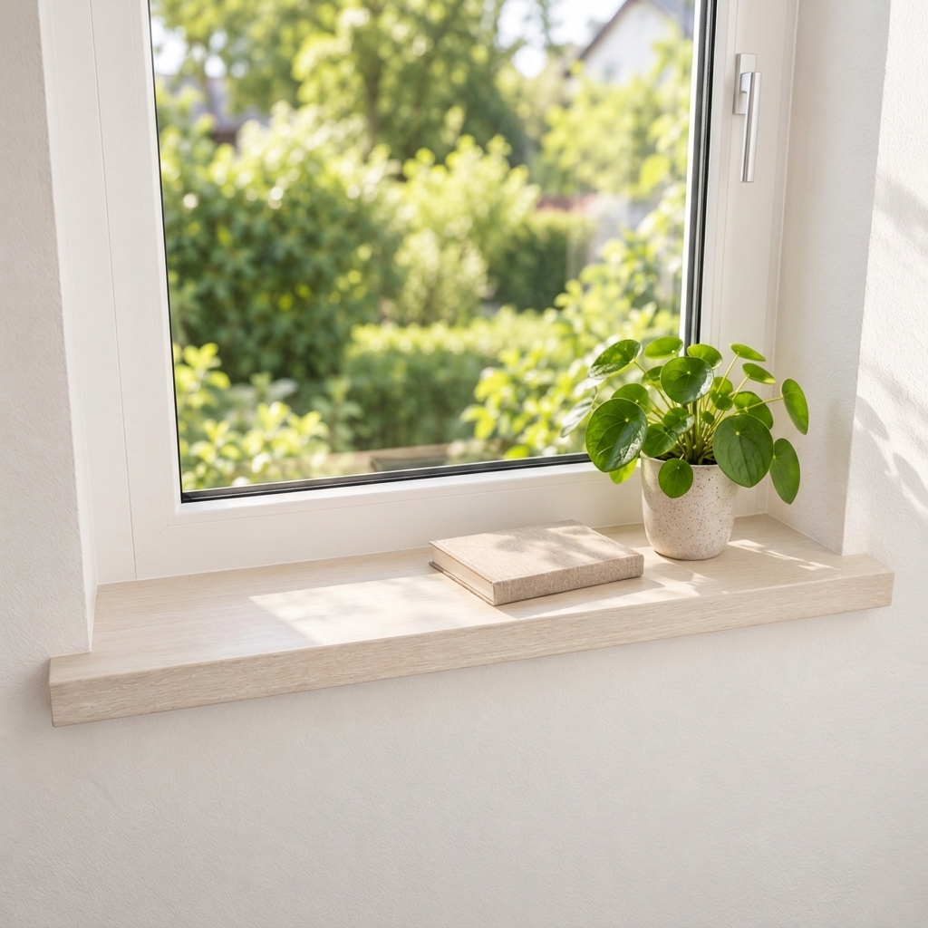 Appui de fenêtre de rénovation en hêtre teinté blanc, bois massif, devant fenêtre blanche côté jardin, pilea en pot blanc