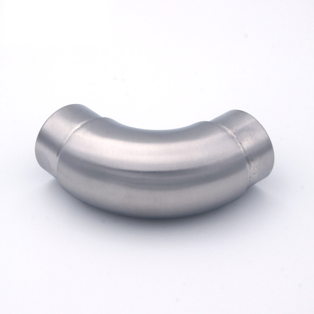 Coude à 90° arrondi en acier inoxydable pour main courante inox de 42,4 mm de diamètre, vue latérale, deux manchons