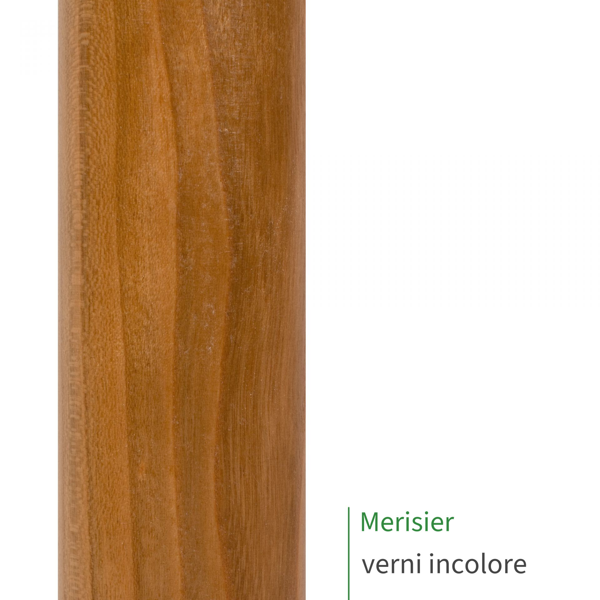 Main courante en merisier verni incolore : bois brun orangé satiné et son veinage, mention Merisier verni incolore