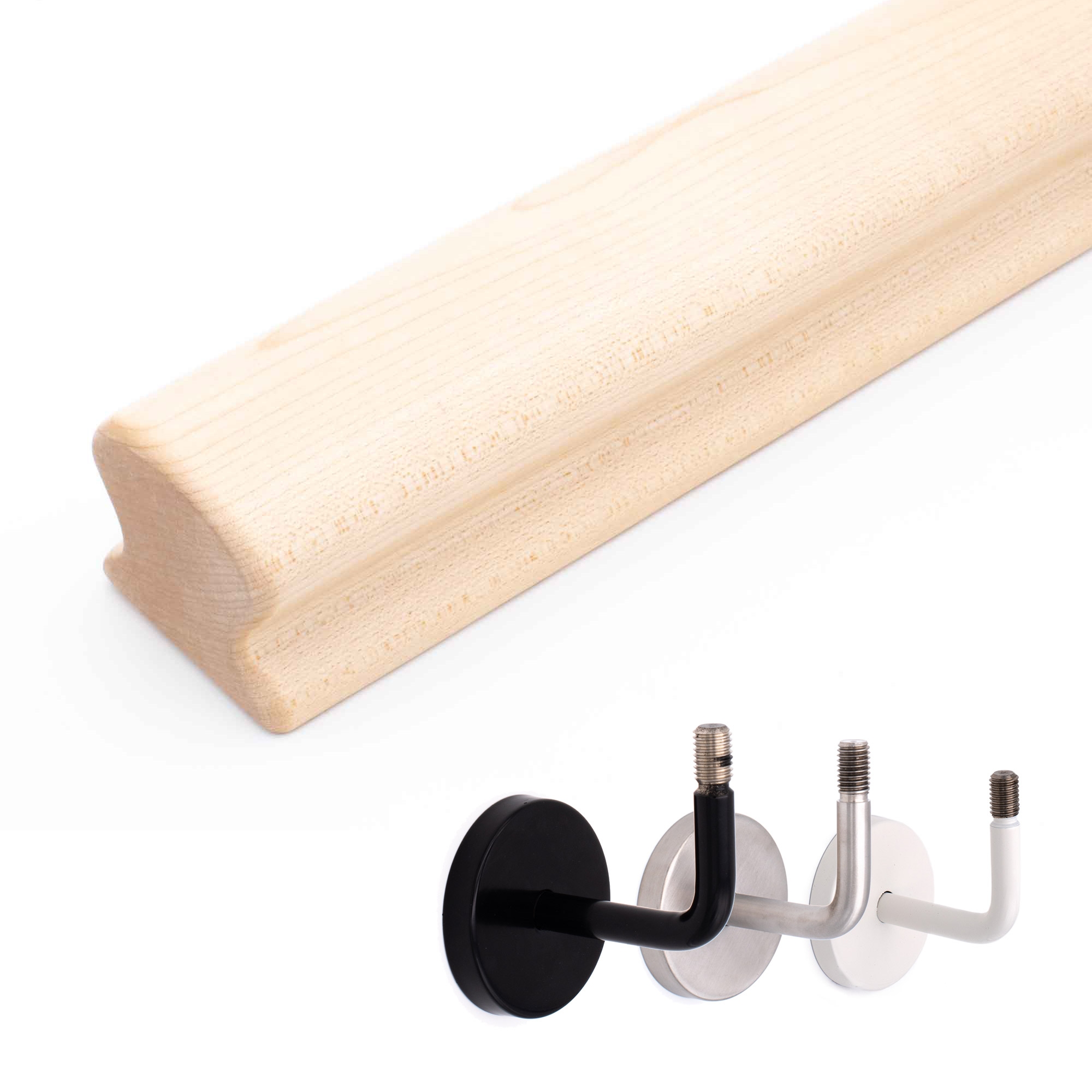 Main courante Omega en érable naturel, profil détouré avec supports de main courante noir, inox et blanc