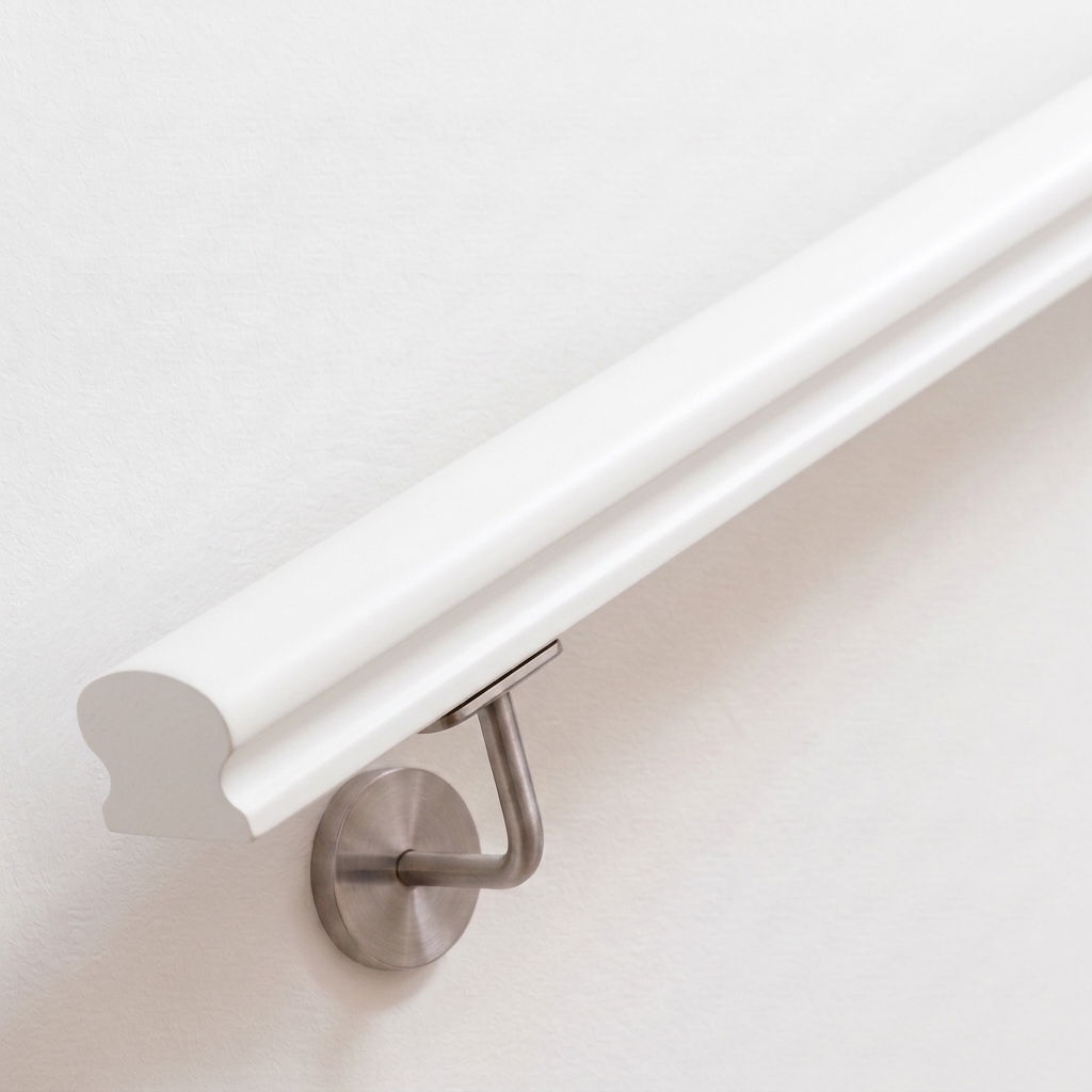 Main courante Omega en hêtre laquée blanc à section profilée, support de main courante inox sur mur blanc, extrémité droite