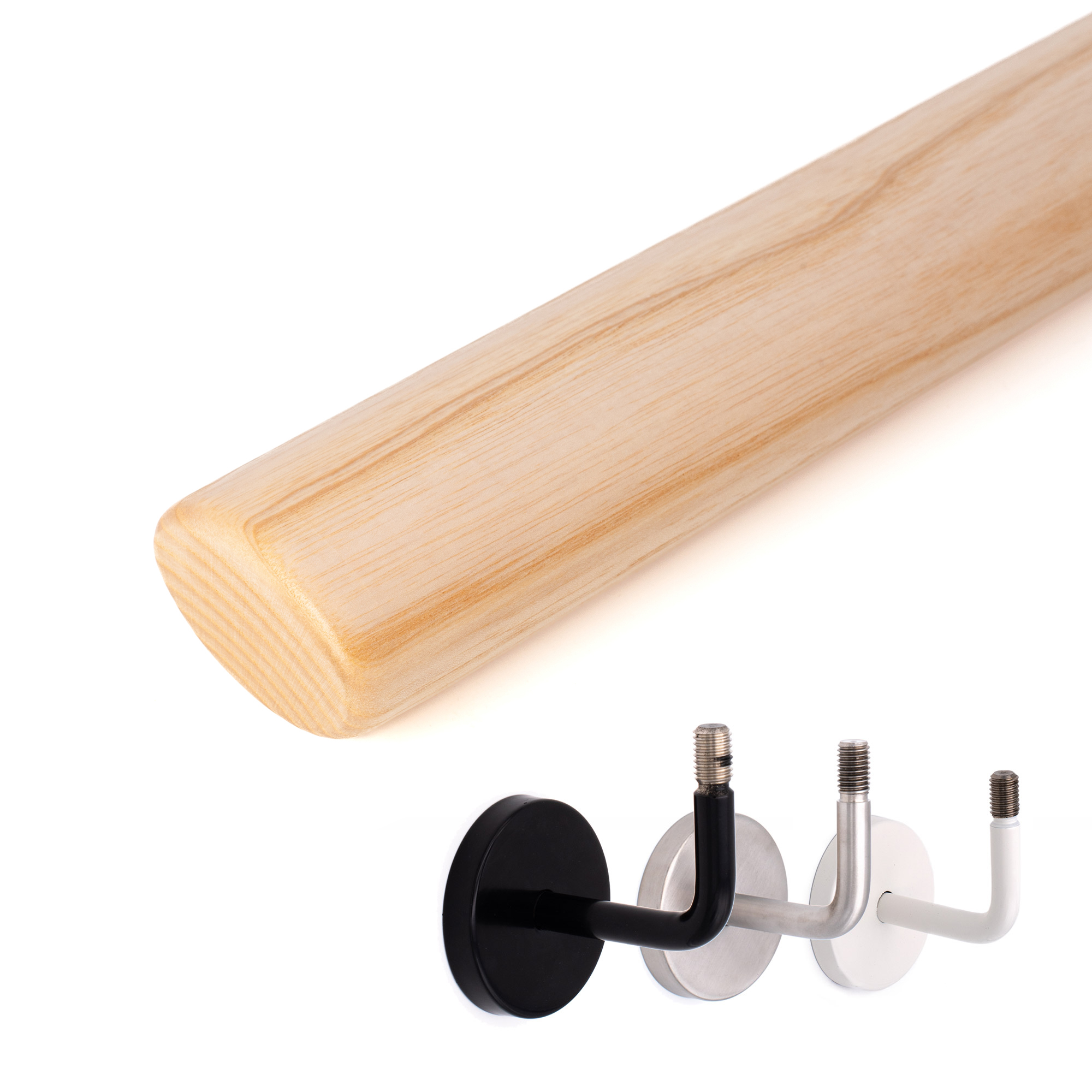 Main courante ovale en frêne : main courante en bois à profil ovale en frêne naturel, à côté supports noir, inox et blanc