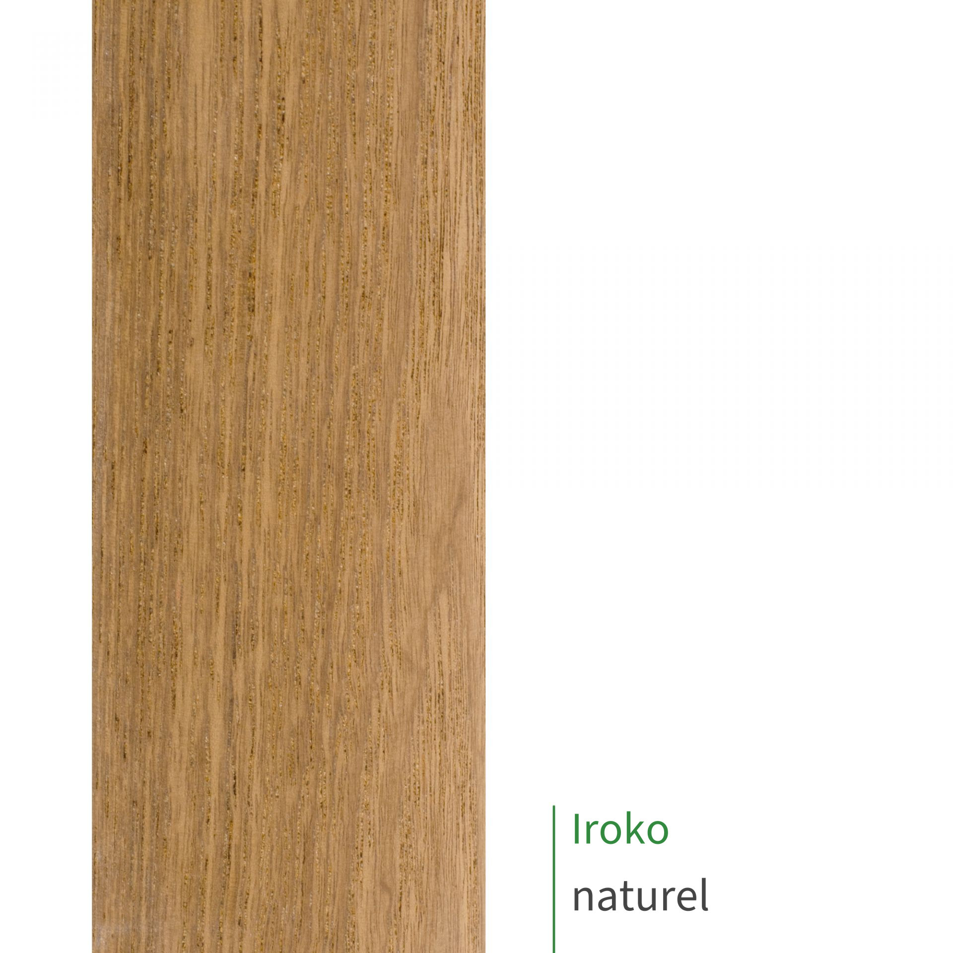 Main courante en iroko au fini naturel : gros plan sur le bois brun doré non traité et son veinage fin, mention Iroko naturel