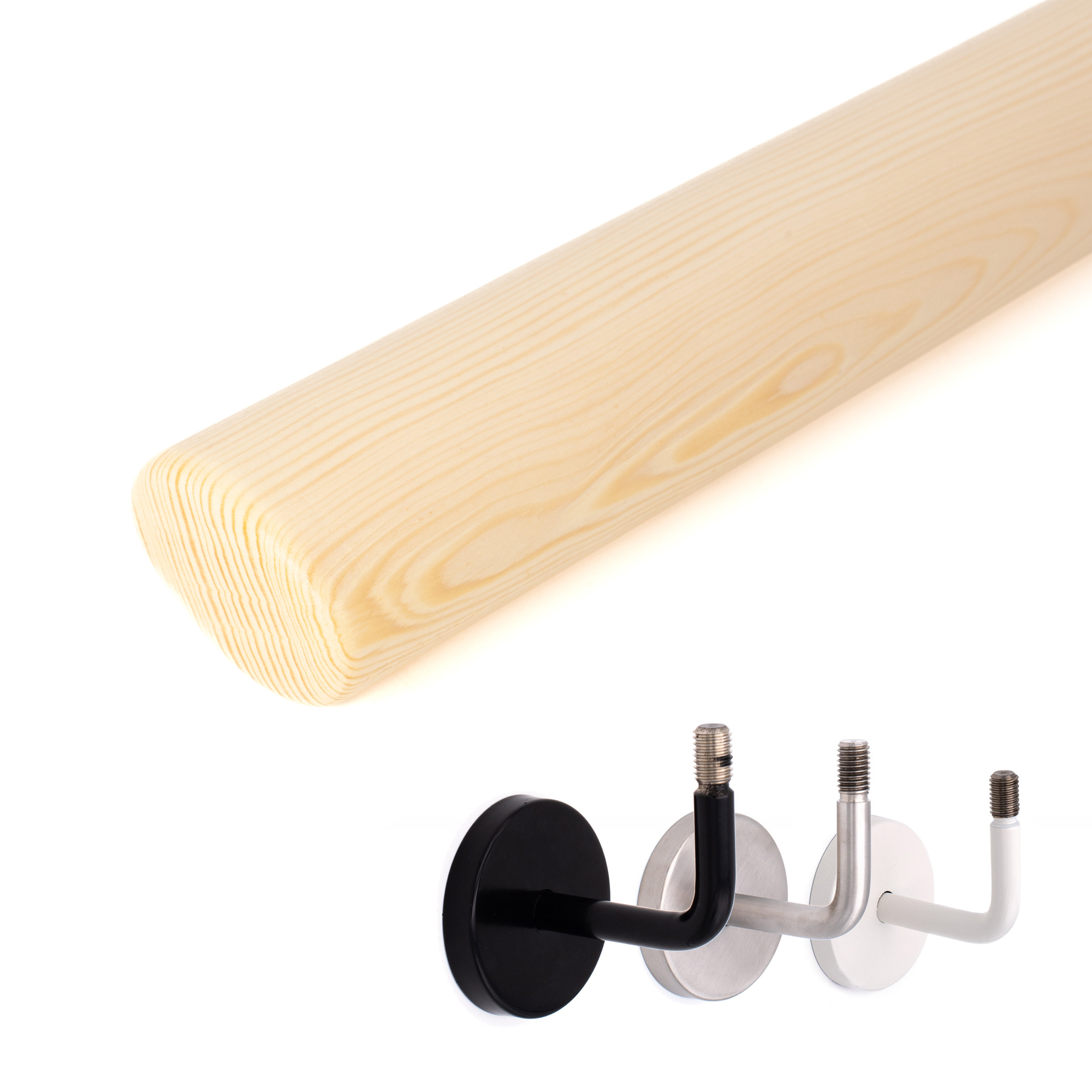 Main courante ovale en épicéa : main courante en bois à profil ovale en épicéa naturel, à côté supports noir, inox et blanc