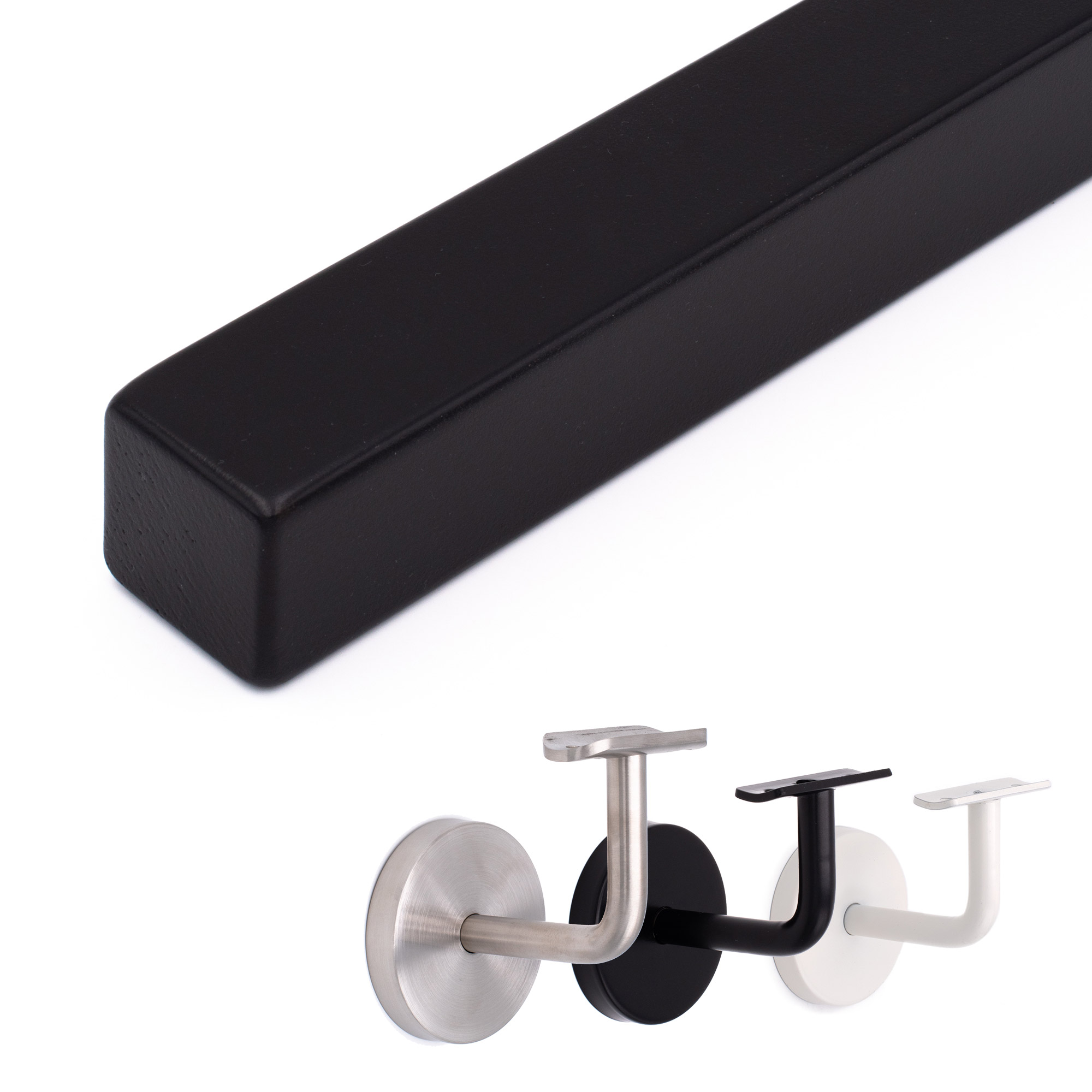 Main courante carrée en hêtre noir, extrémité aux arêtes arrondies, avec supports de main courante inox, noir et blanc