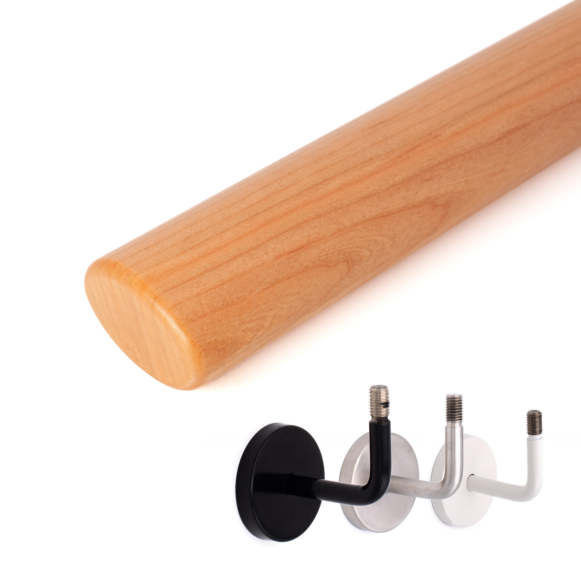 Main courante ovale en merisier à extrémité arrondie, en dessous trois supports muraux au choix : noir, inox et blanc