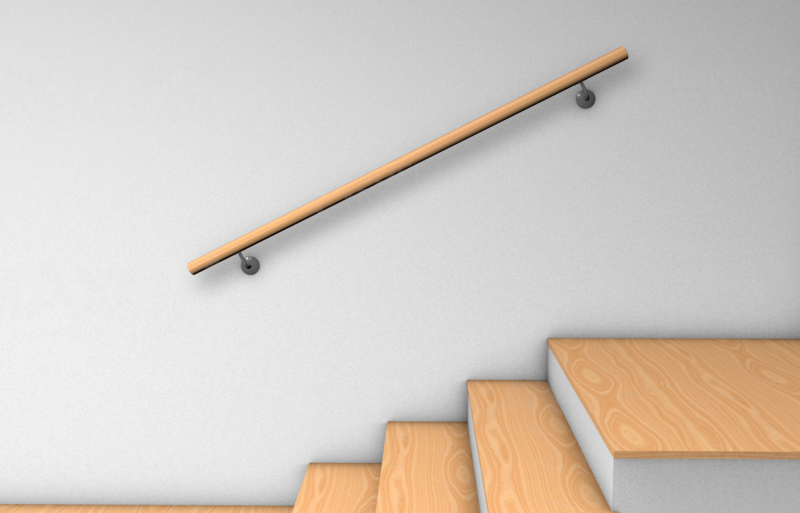 Main courante ronde en bois au mur avec deux supports le long de l'escalier, rendu pour positionner les supports