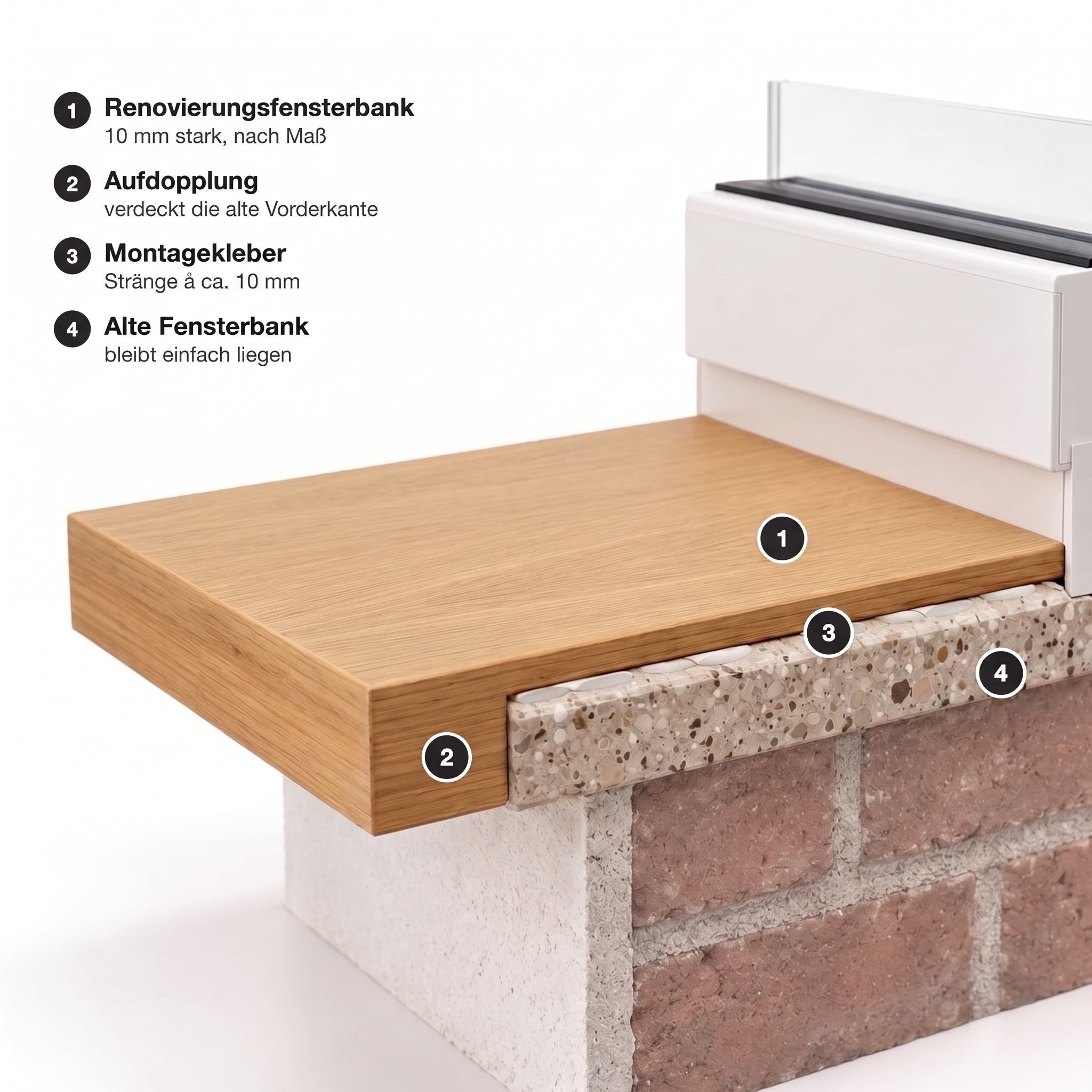 Appui de fenêtre de rénovation en bois massif, schéma : panneau de 10 mm avec surépaisseur collé sur l'ancien appui