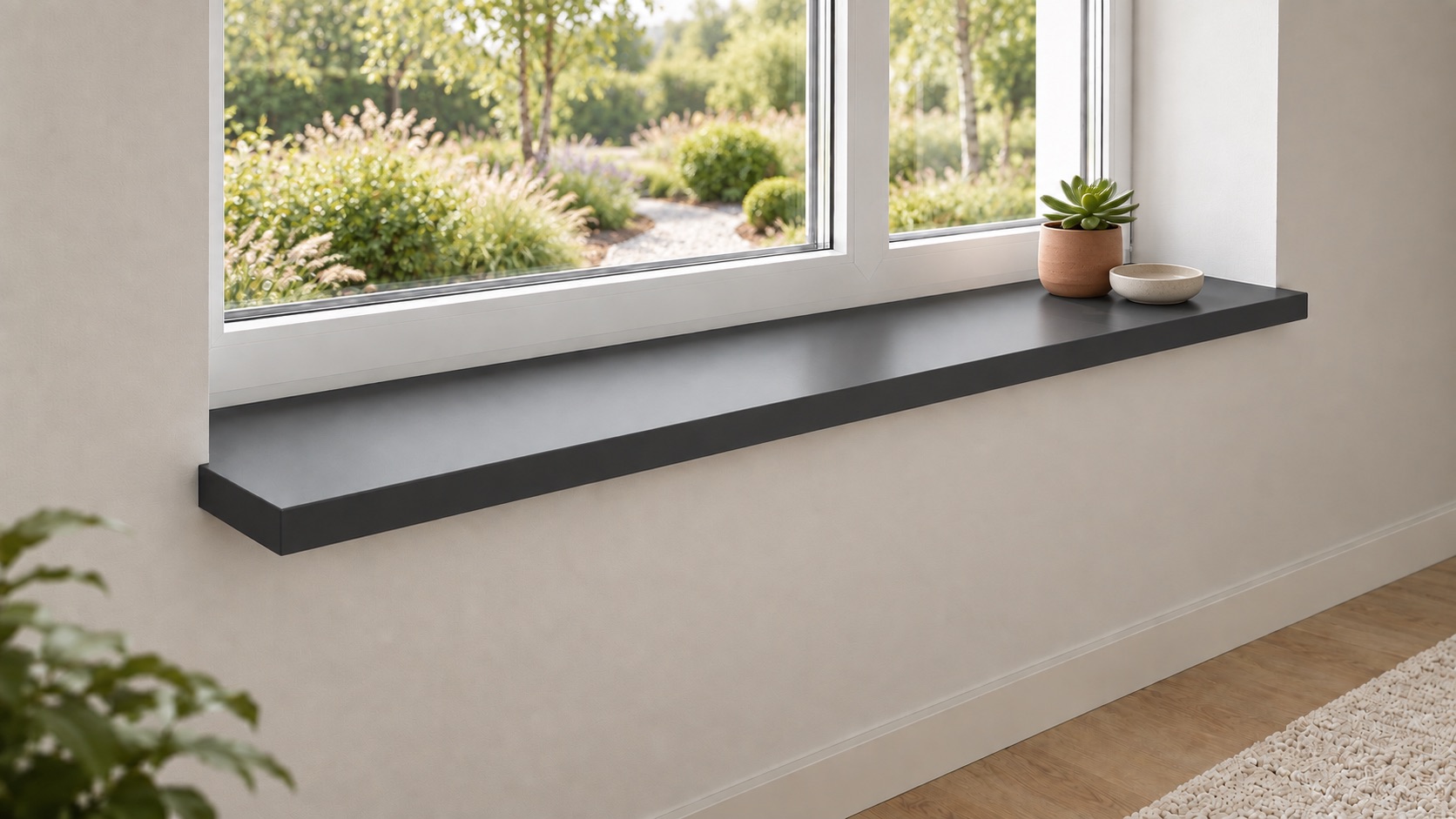 Appui de fenêtre foncé anthracite sur fenêtre blanche avec vue sur le jardin, petite plante, pièce de vie lumineuse