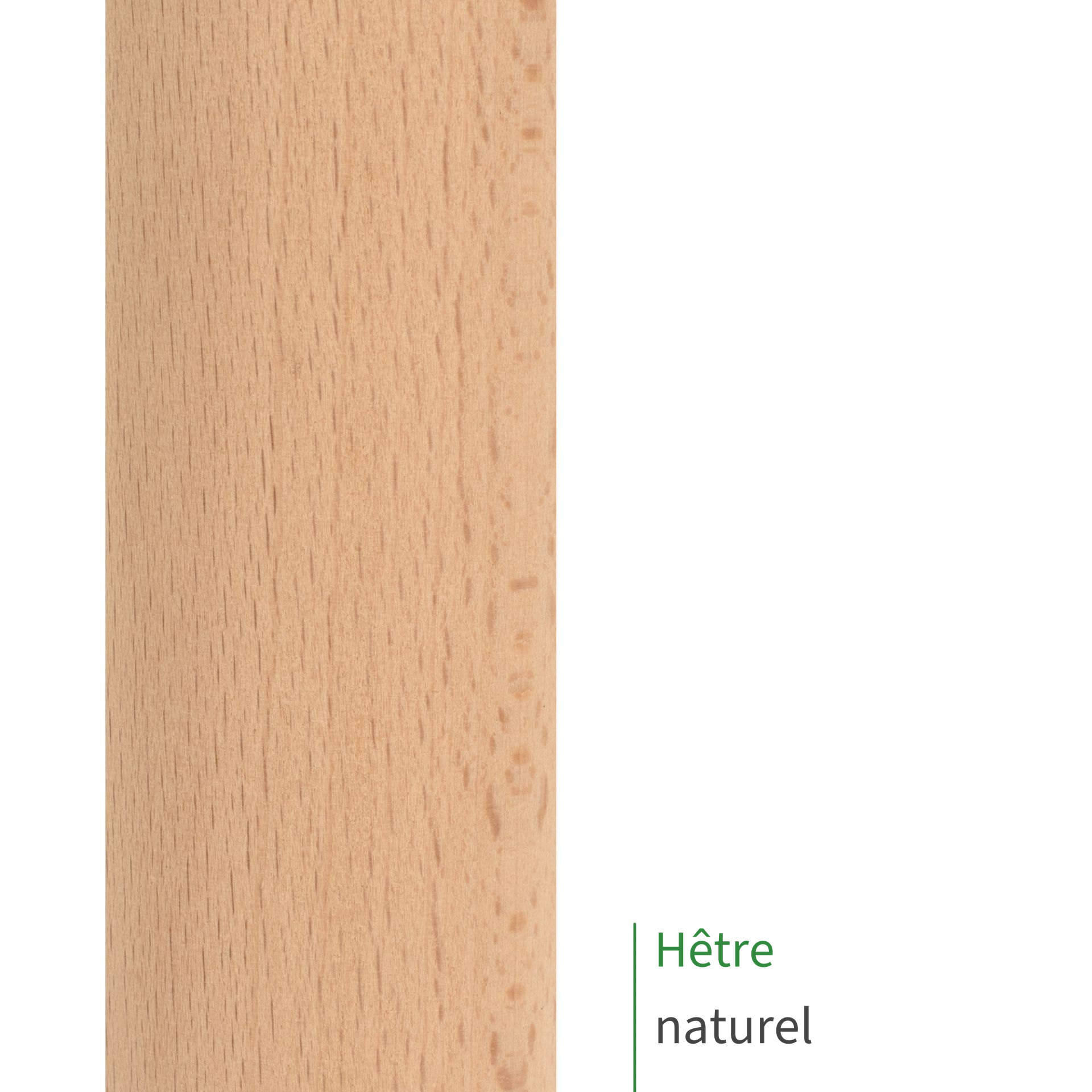Main courante en hêtre au fini naturel : gros plan sur le bois clair non traité et son veinage fin, mention Hêtre naturel