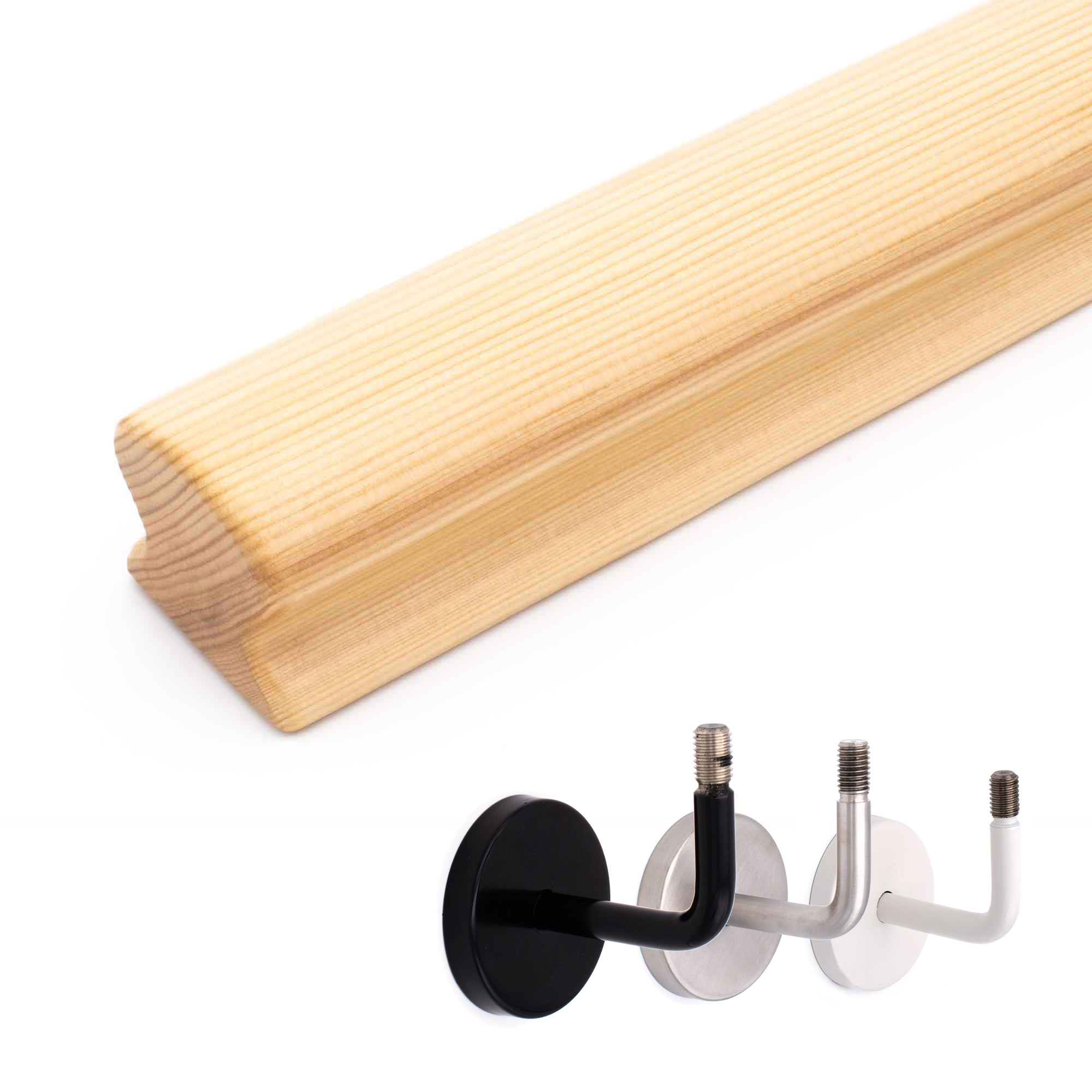 Main courante Omega en épicéa : main courante en bois à profil Omega en épicéa naturel, avec supports noir, inox et blanc