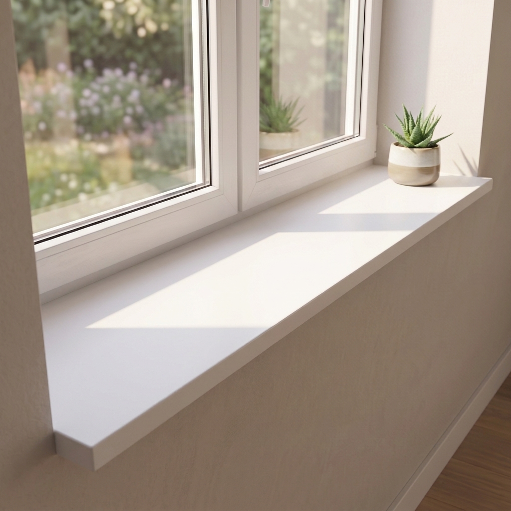 Appui de fenêtre en mélaminé blanc sous double fenêtre donnant sur le jardin, aloès dans un pot bicolore