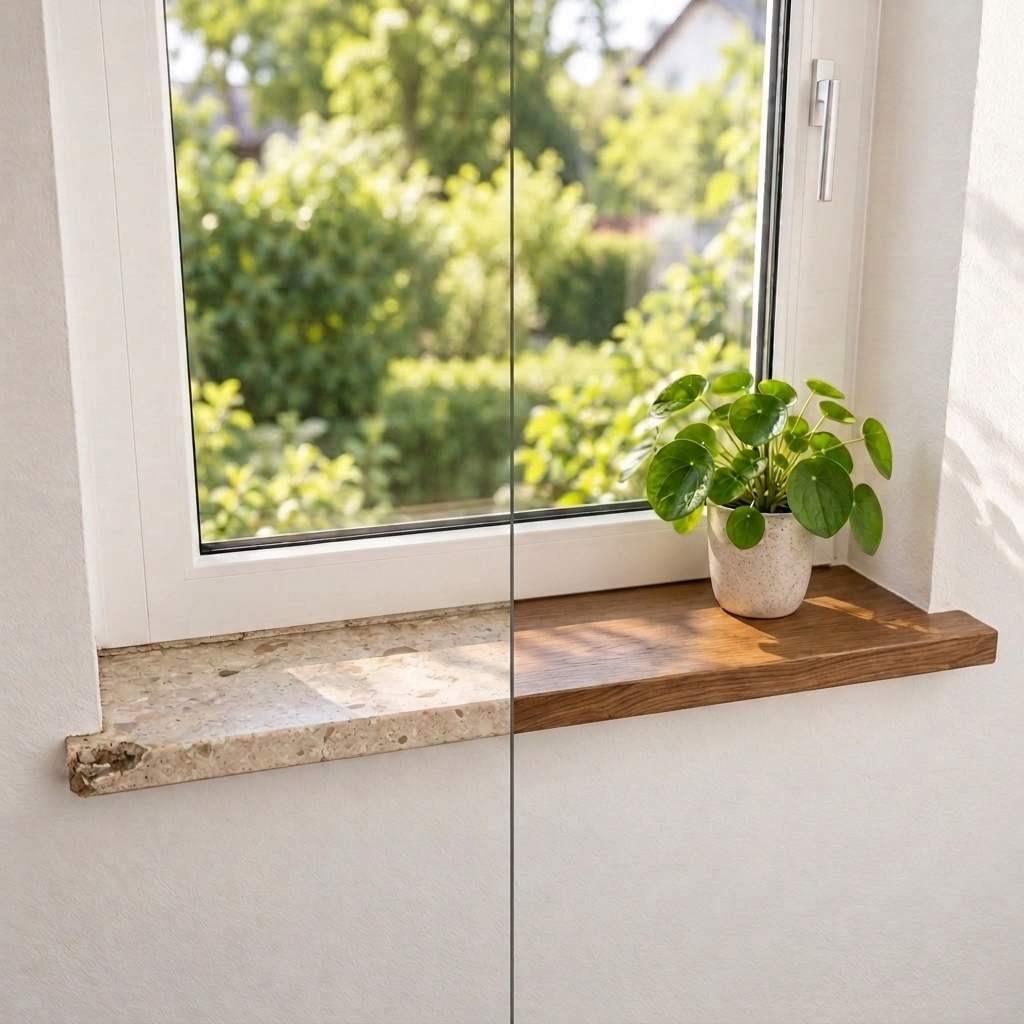 Appui de fenêtre de rénovation en chêne teinté brun, avant-après : ancien appui en pierre à gauche, bois à droite