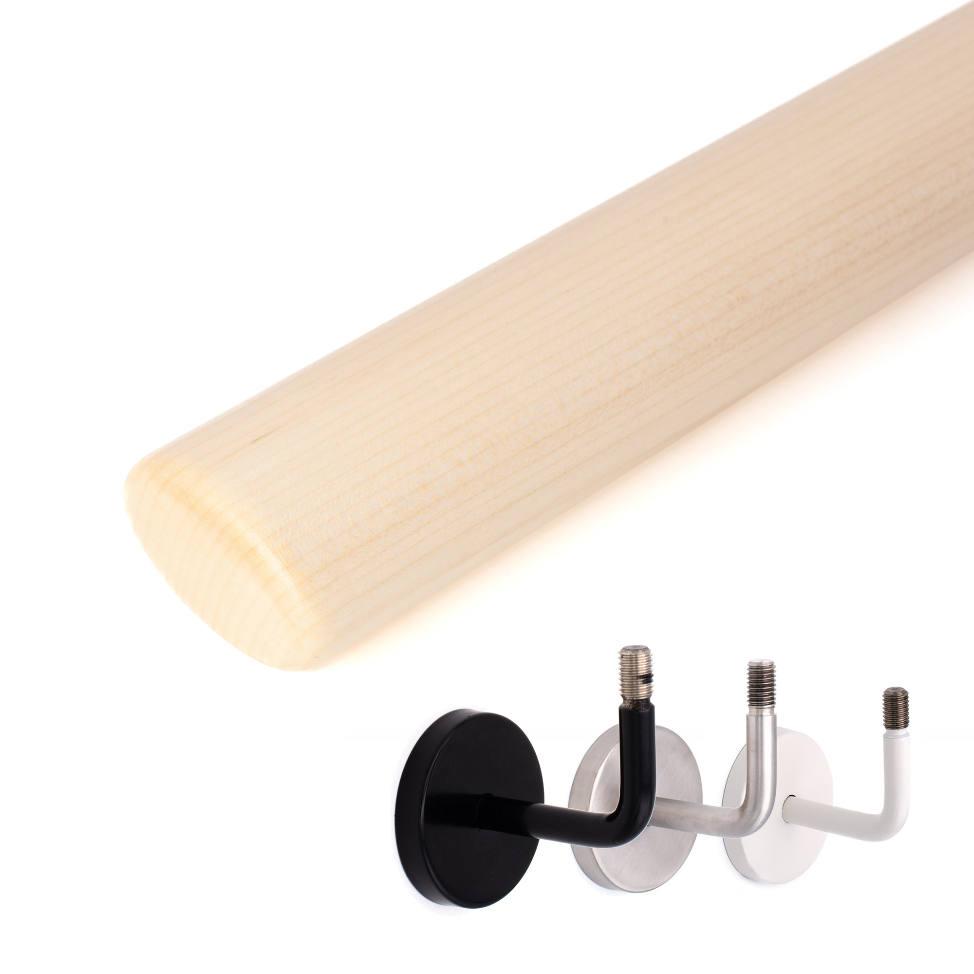 Main courante ovale en érable naturel, détourée en diagonale avec supports de main courante noir, inox et blanc au choix