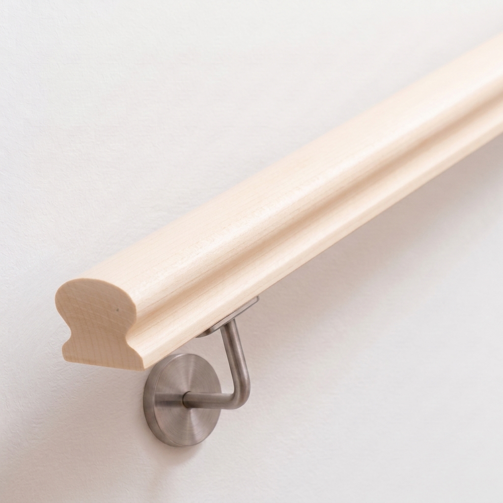 Main courante Omega en érable sur mur blanc avec support inox, bois clair naturel, profil Omega vu de dessous