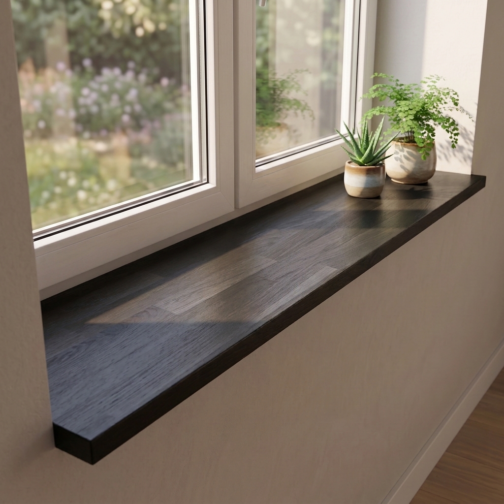 Appui de fenêtre en chêne teinté noir, abouté, sous fenêtre donnant sur le jardin, veinage foncé avec deux plantes en pot