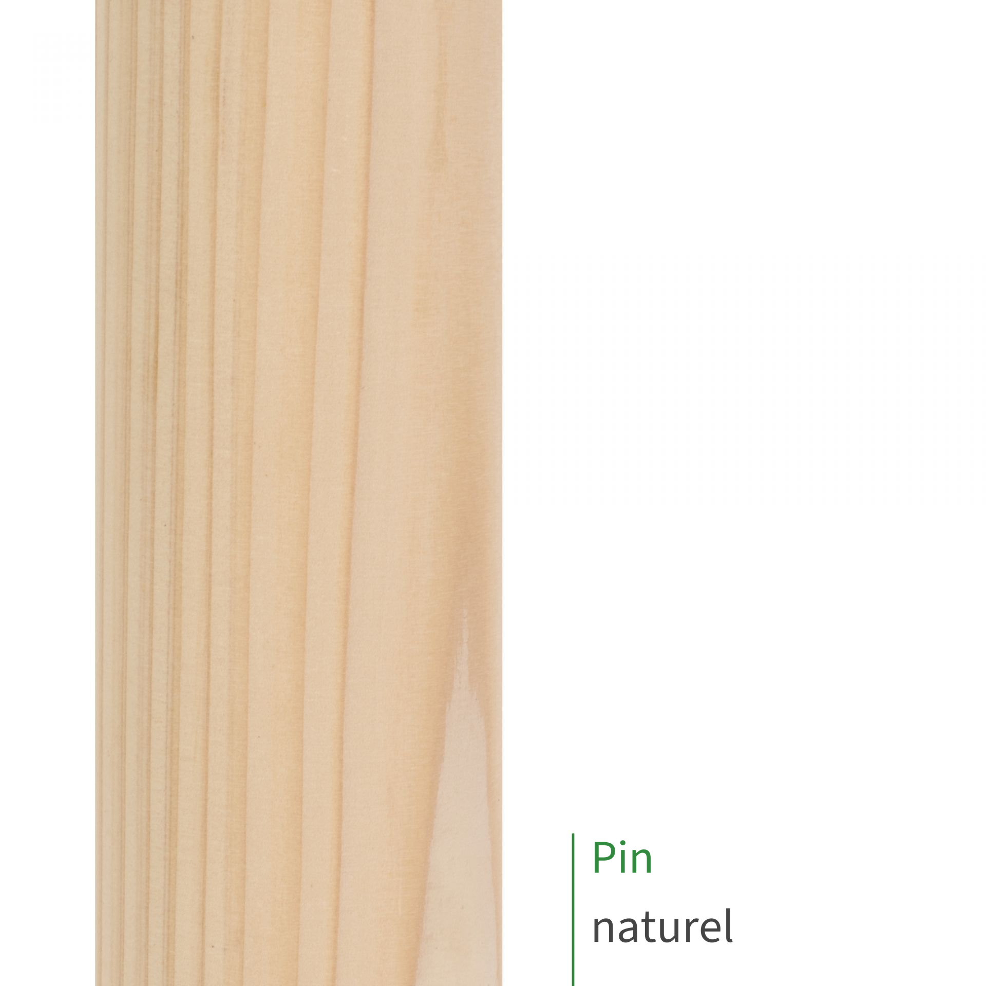 Main courante en pin au fini naturel : gros plan sur le bois très clair non traité et ses cernes, mention Pin naturel