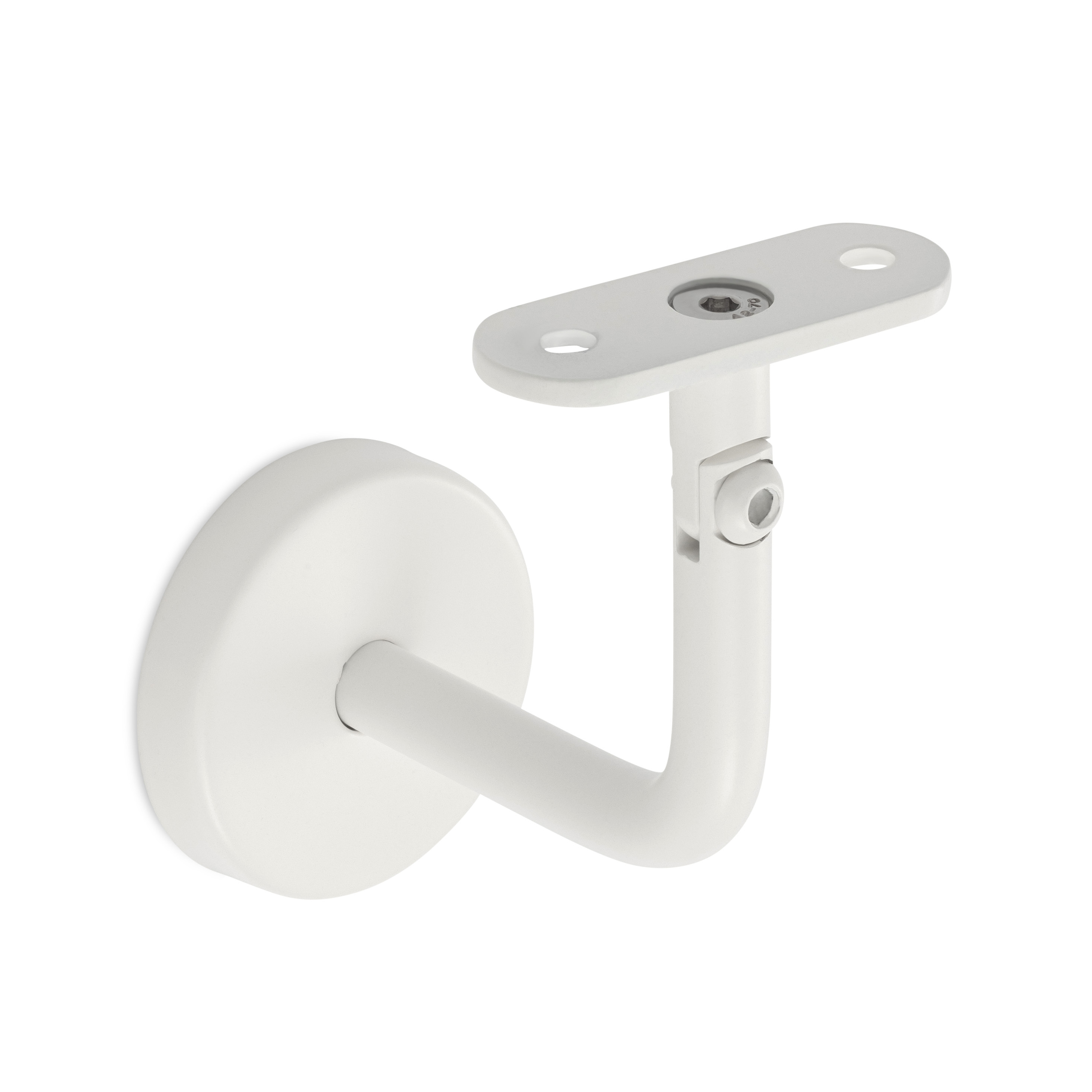 Support de main courante modèle 04 blanc à articulation et plaque droite, rosace ronde, pour main courante en bois