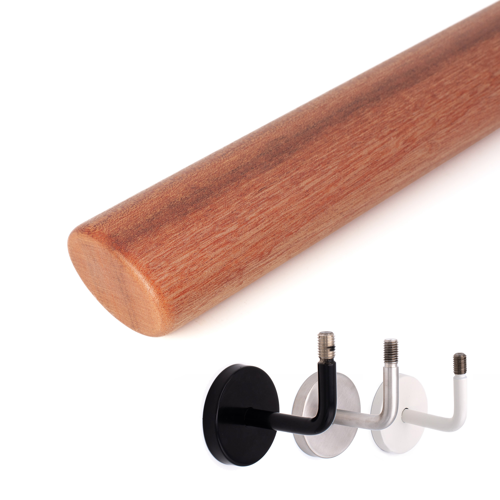 Main courante ovale en acajou à extrémité arrondie, en dessous trois supports muraux au choix : noir, inox et blanc