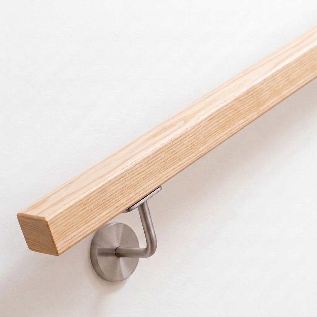 Main courante carrée en frêne sur mur blanc avec support de main courante inox, bois clair au veinage marqué, vue oblique